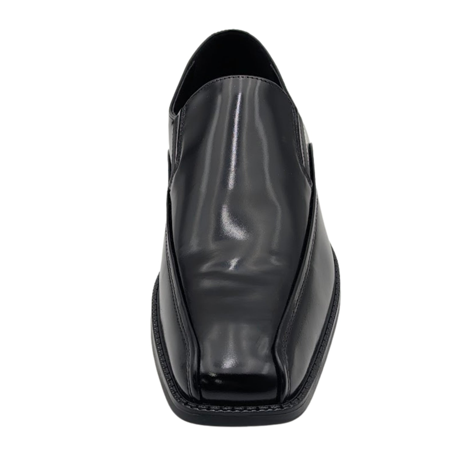 black polished square toe slip-on dress shoe front view