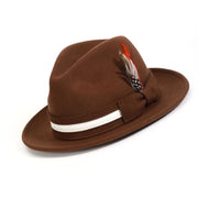 Brown Felt Fedora Hat with White Band and Red Feather by Montique