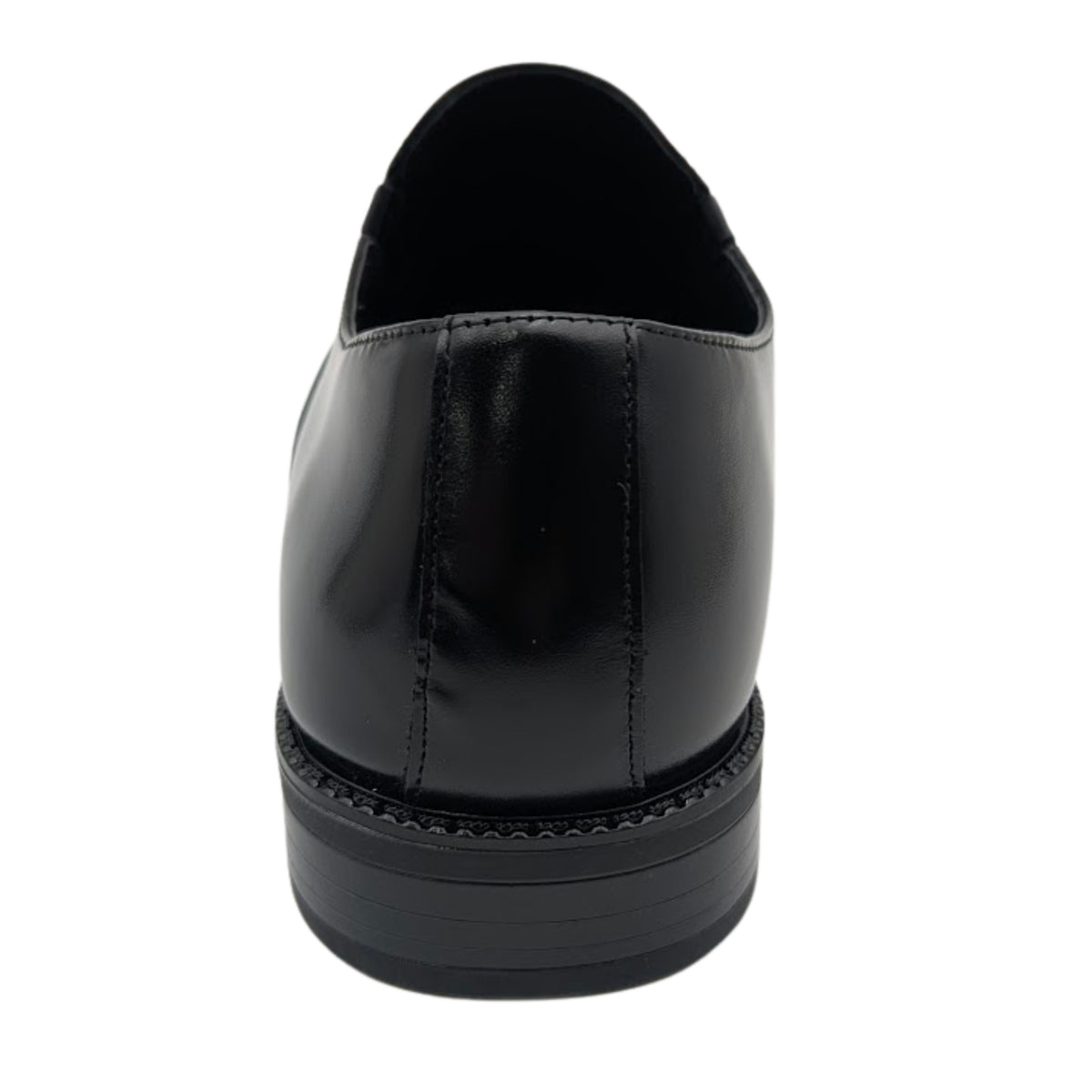 black polished slip-on dress shoe rear view