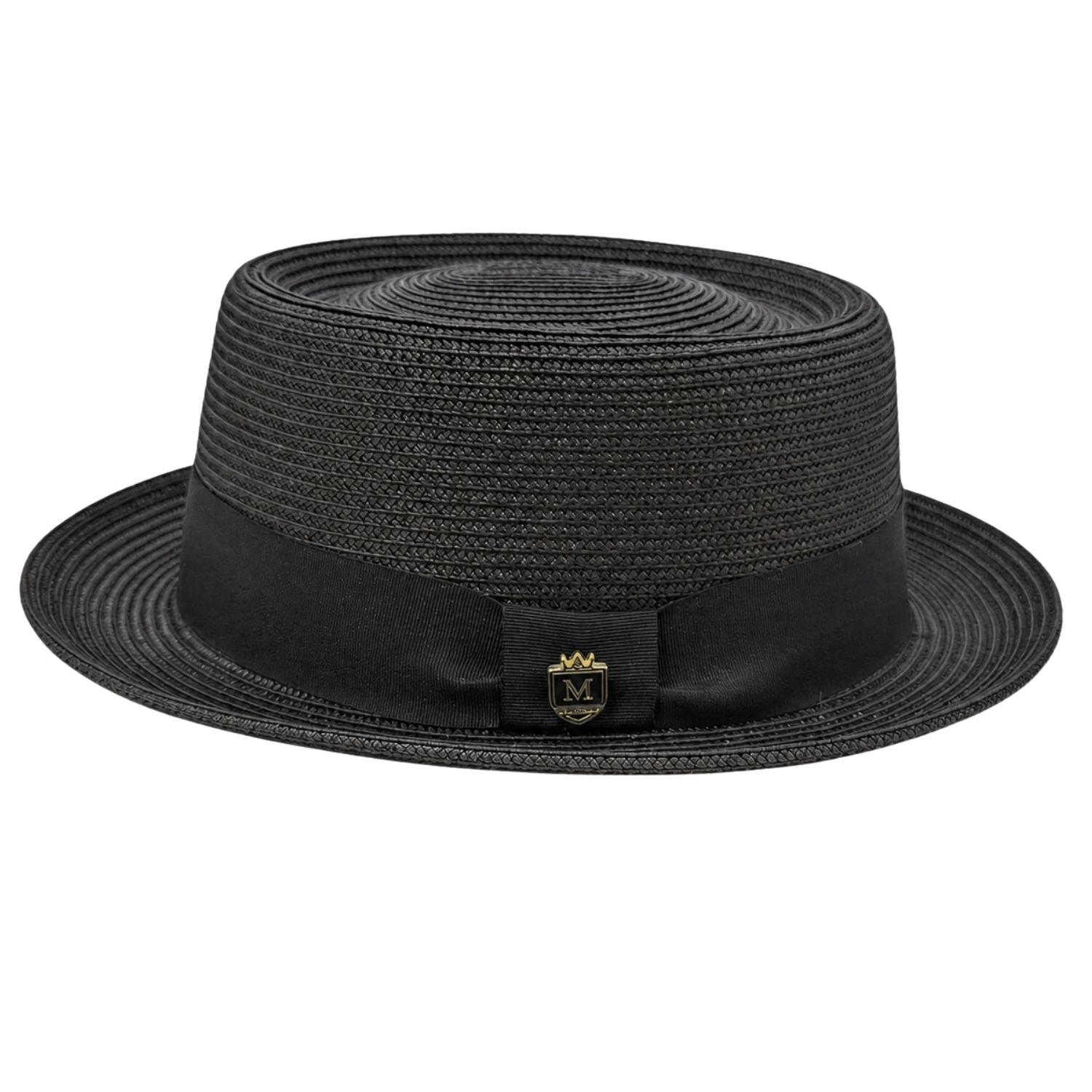 Montique black straw pork pie hat front view with black ribbon band