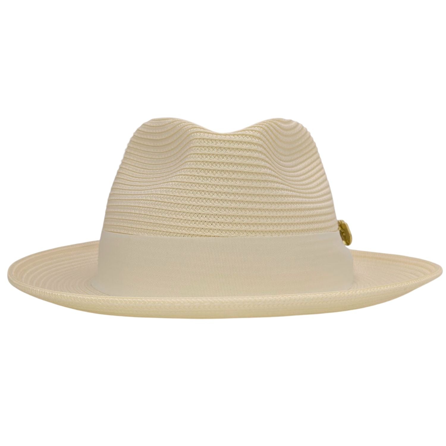 ivory straw fedora front view with matching ribbon band