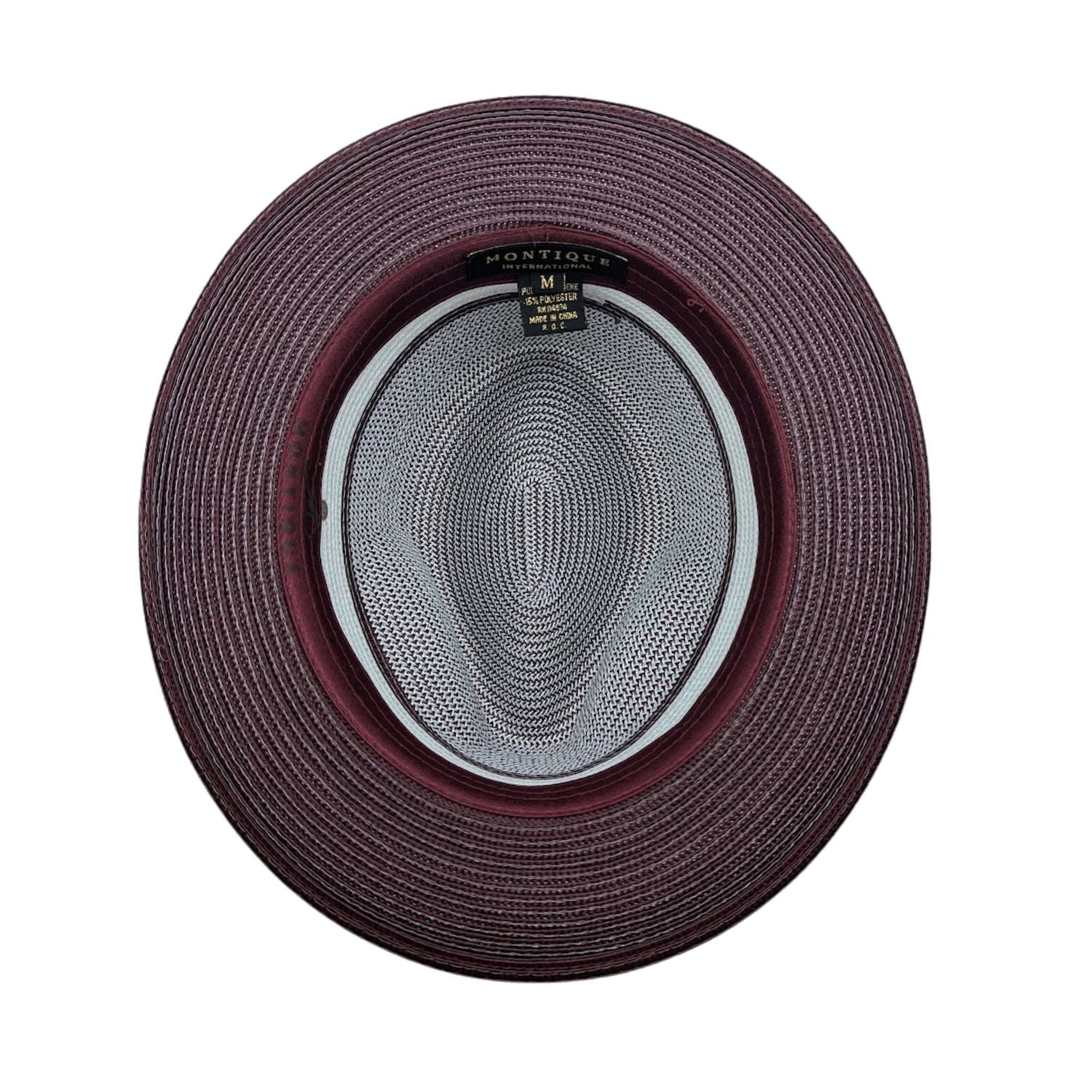 Wine and white Montique fedora hat interior view with wine brim, woven crown, inner sweatband, and branded size label