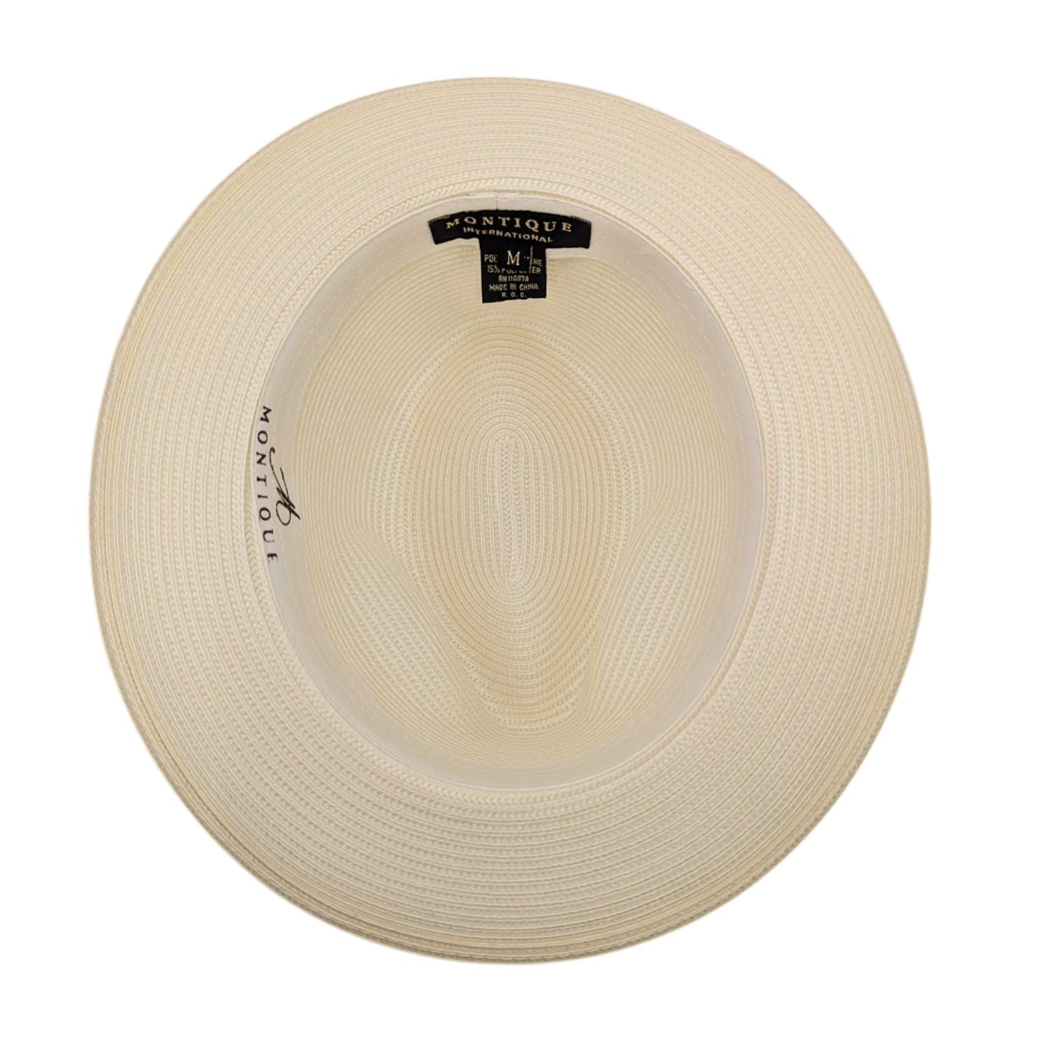 ivory straw fedora hat inside view with branded sweatband