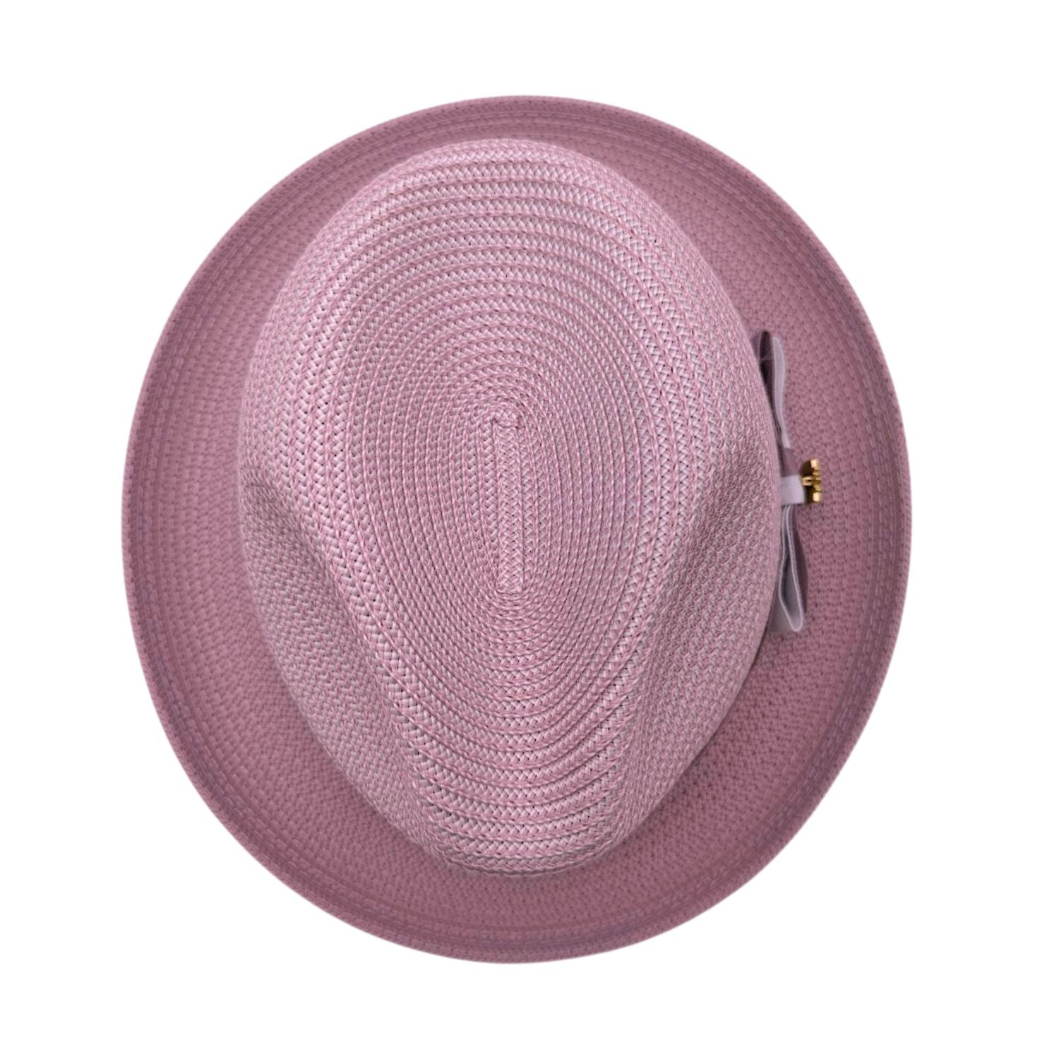 Montique mauve straw fedora hat top view showing woven crown, wide brim, and side bow detail