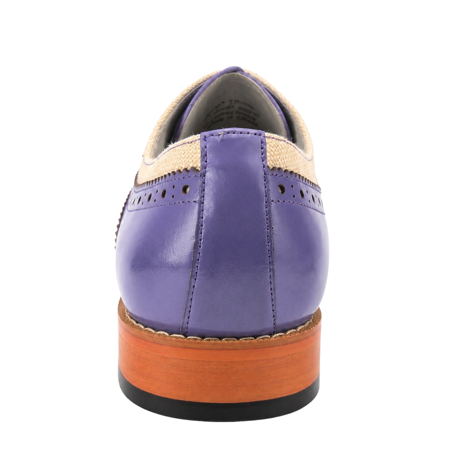 Rear view of men's lavender and beige wingtip lace-up dress shoe with contrast heel