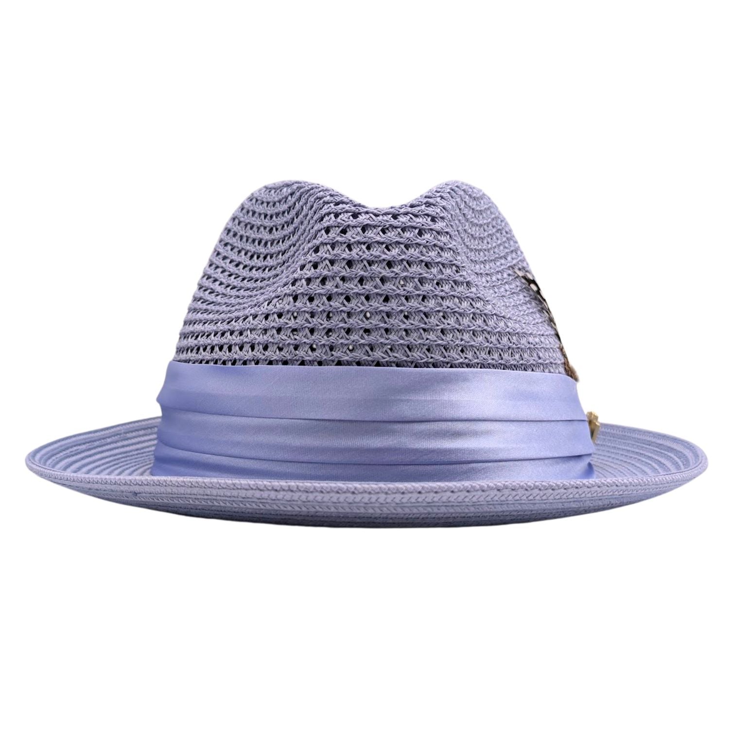 Lilac Montique fedora hat front view with feather accent, satin ribbon band, logo pin, and open weave crown