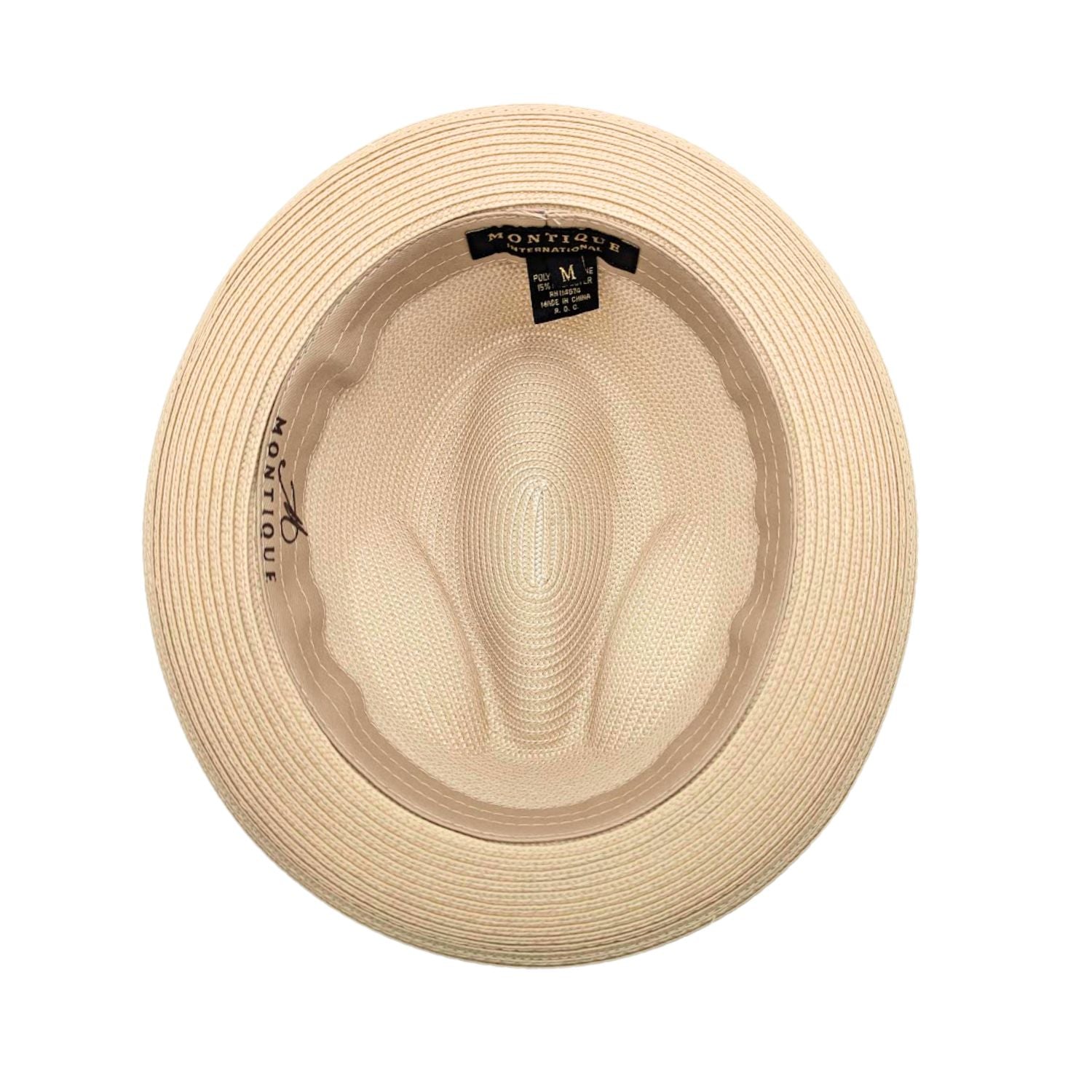Beige Montique fedora hat interior view showing woven straw texture, beige sweatband, and branded size label