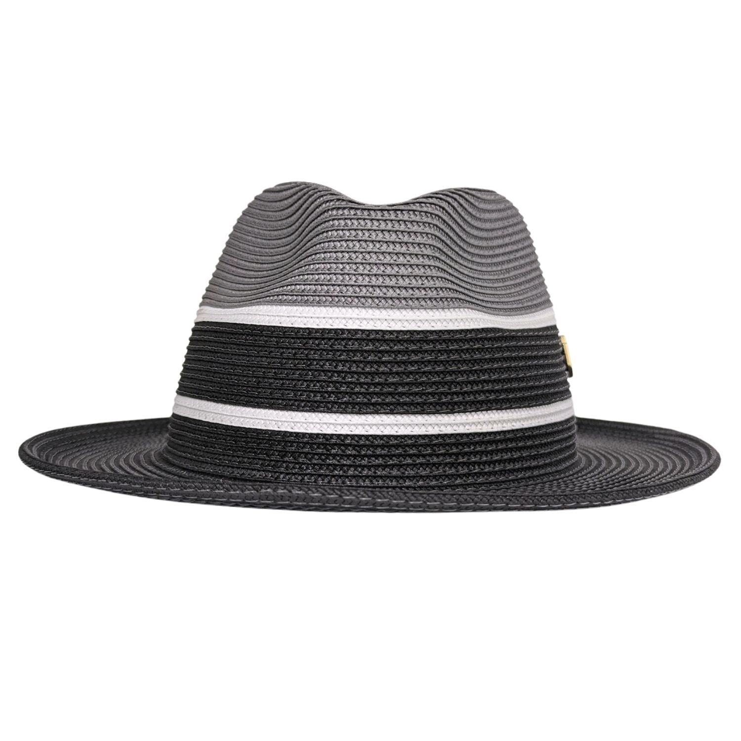 Black and grey Montique fedora hat front view with pinched crown detail, black lower band, white stripe accents, and black brim