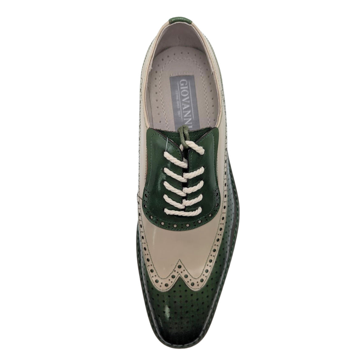 olive and natural two-tone brogue oxford dress shoe top view