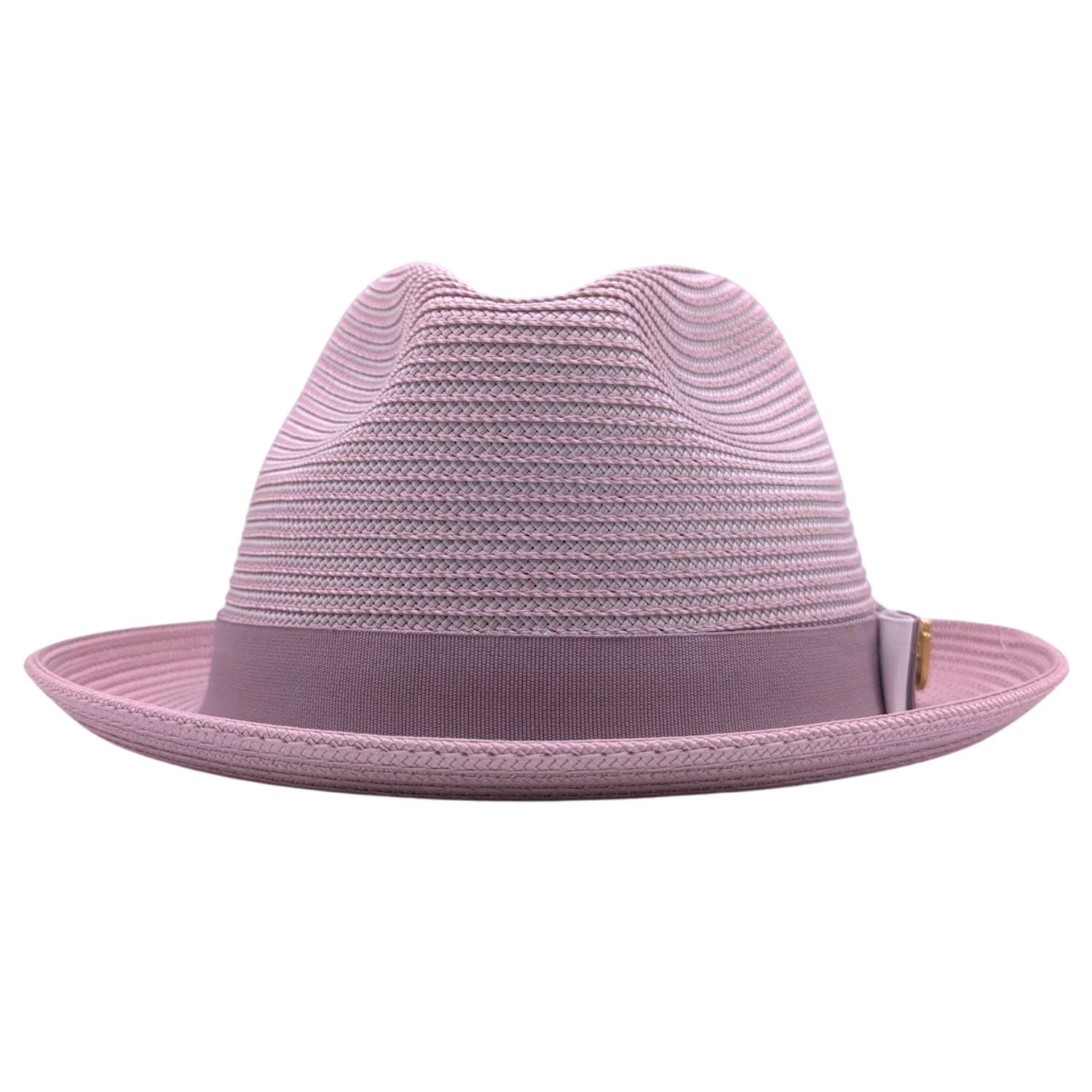 Montique mauve straw fedora hat front view with matching ribbon band, bow detail, logo pin, and structured crown