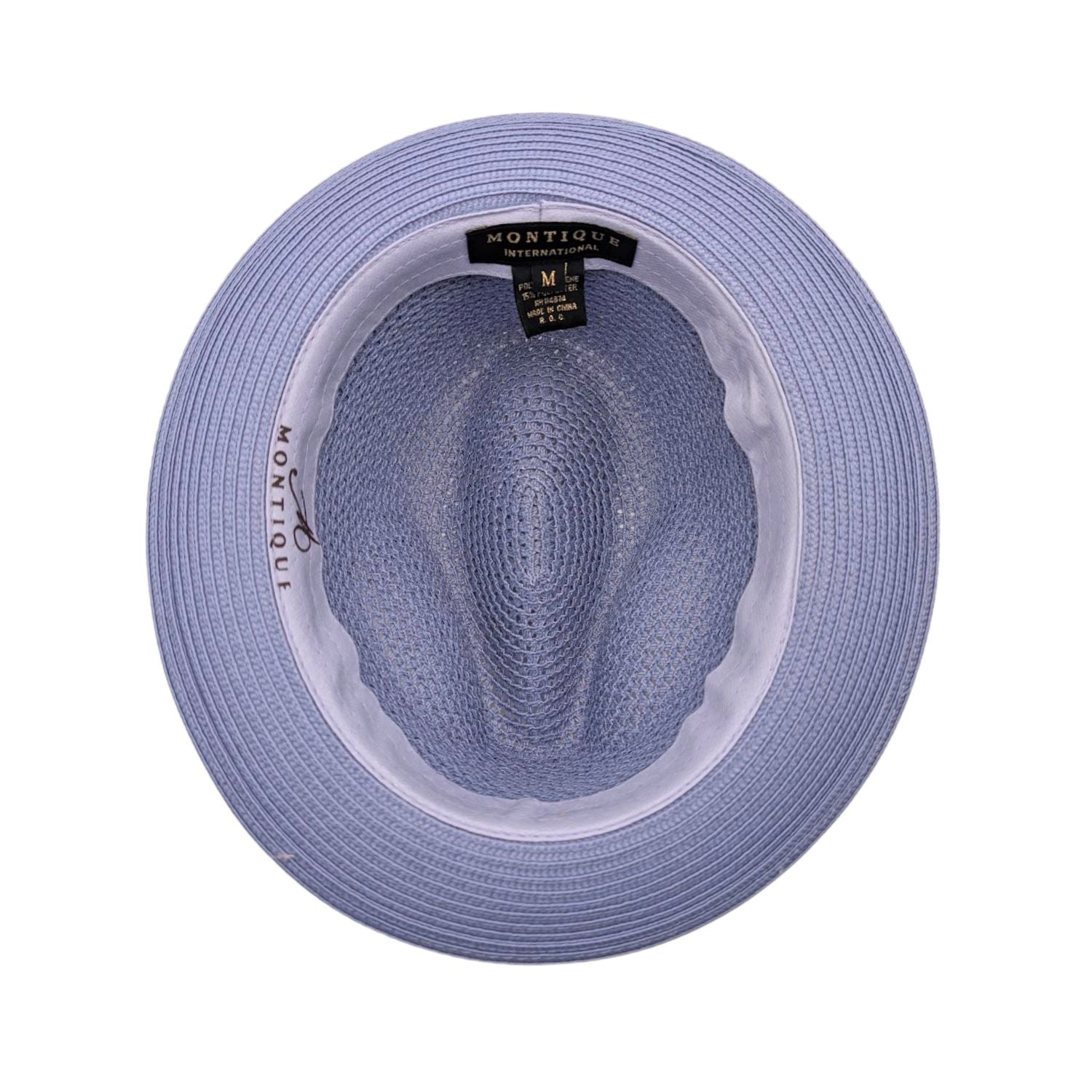 Lilac Montique fedora hat interior view with open weave crown, lilac sweatband, and branded label