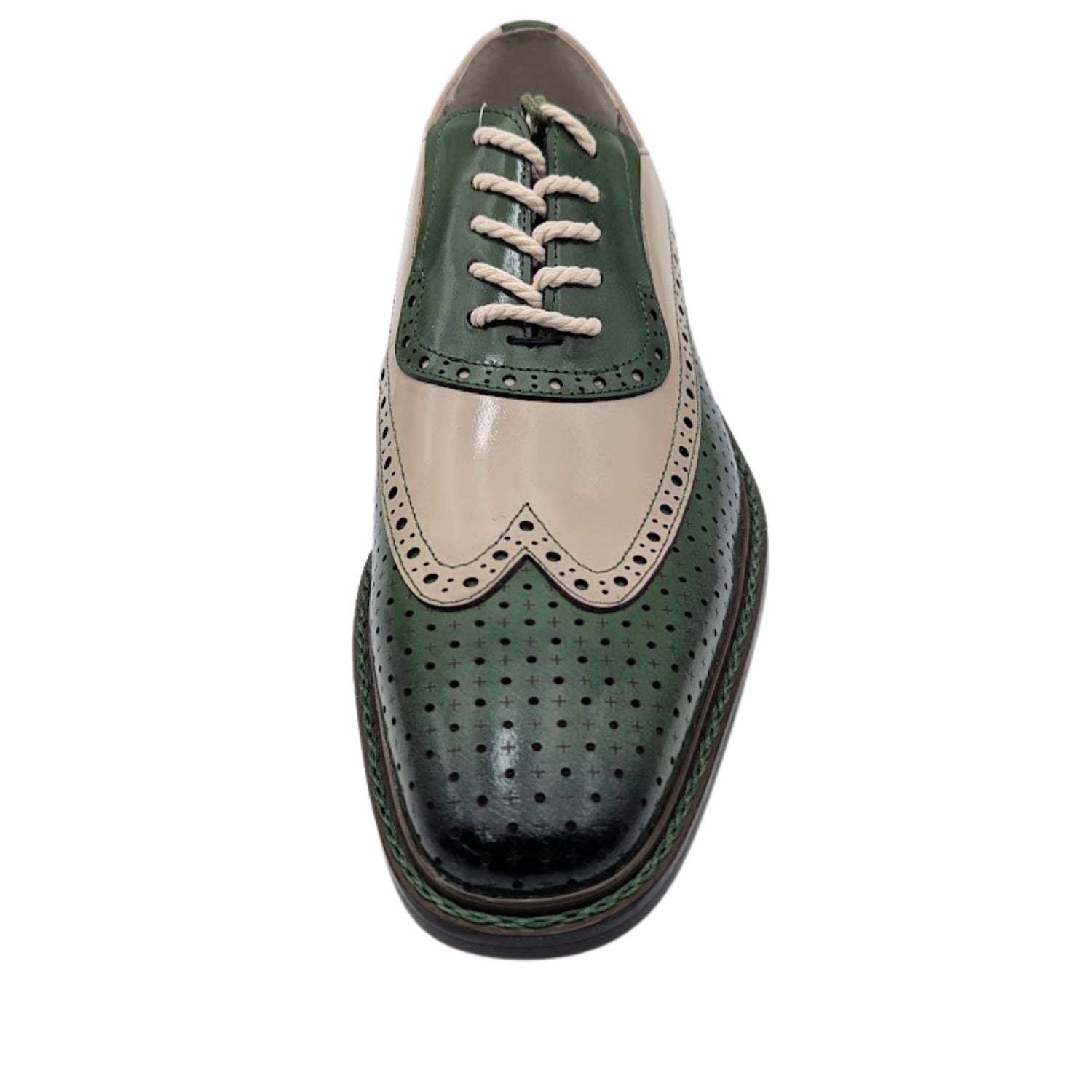 olive and natural perforated wingtip oxford dress shoe front view