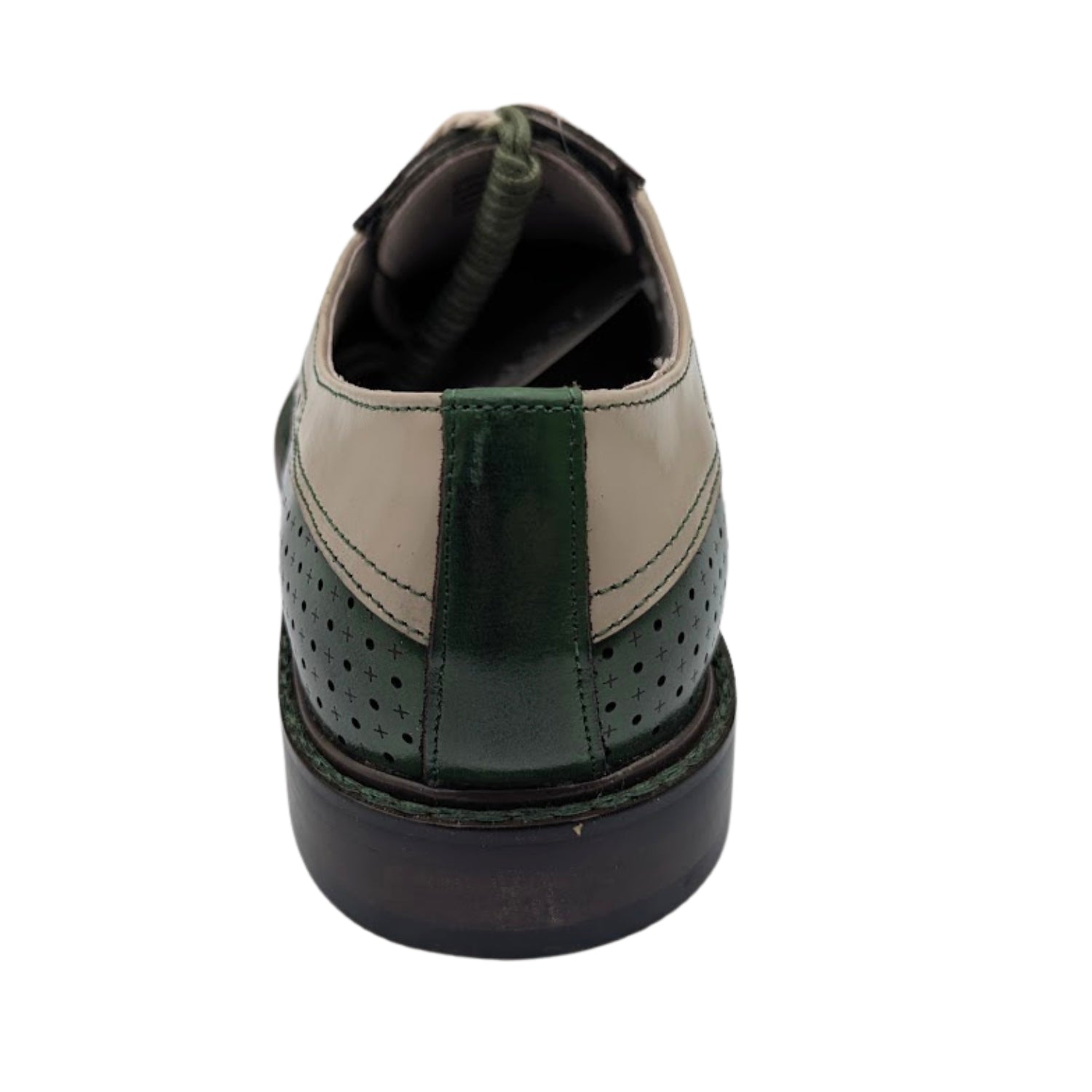 olive and natural two-tone wingtip oxford dress shoe rear view
