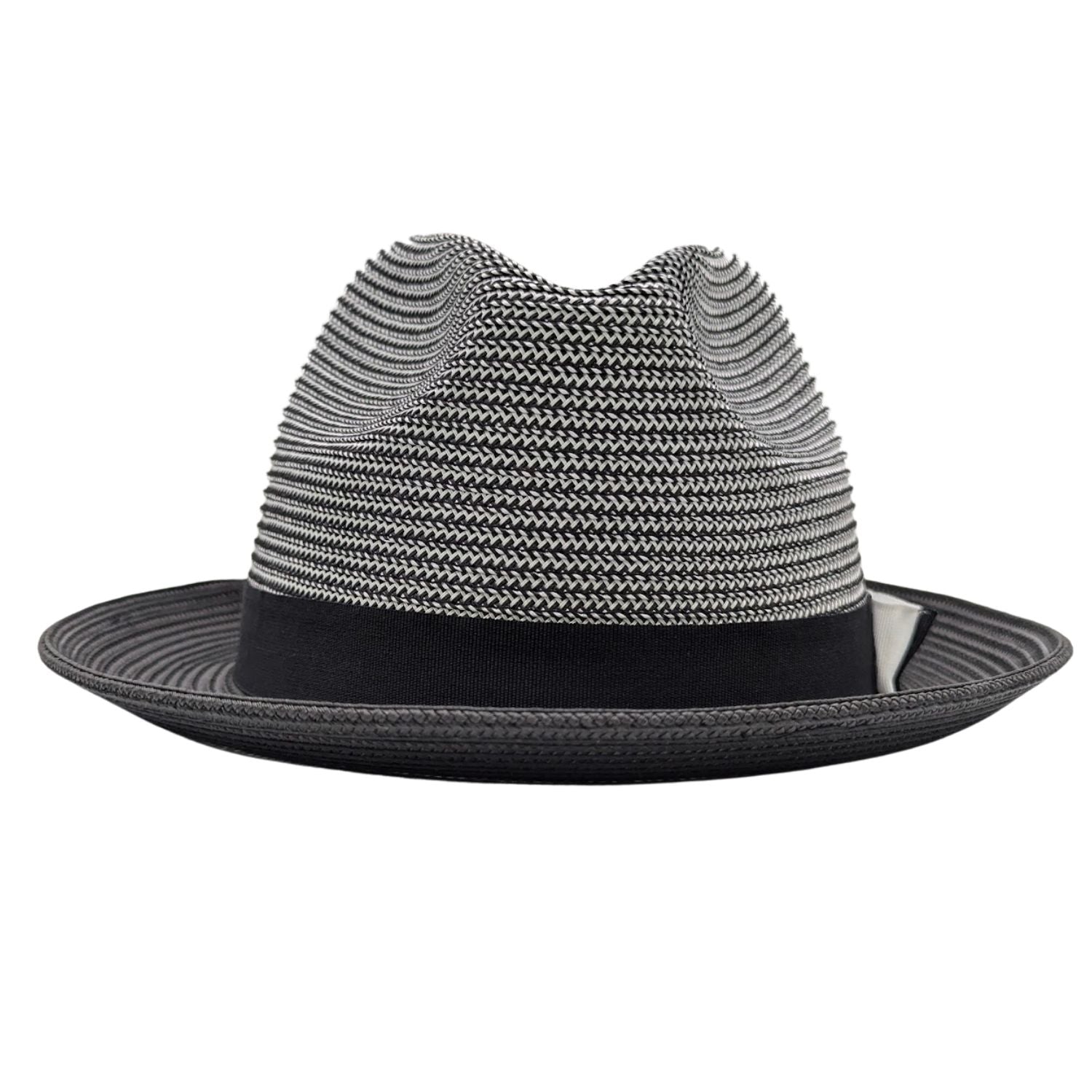 Montique black straw fedora hat front view with black brim, black ribbon band, and black and white woven crown texture
