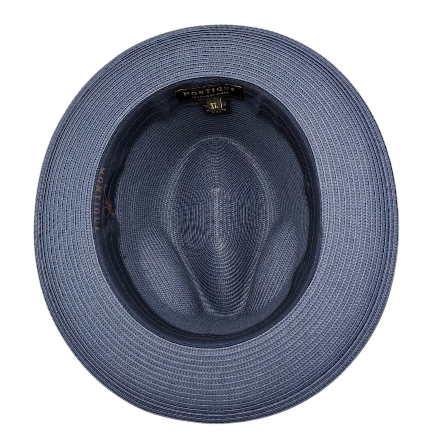 Montique navy straw fedora hat inside view with branded sweatband
