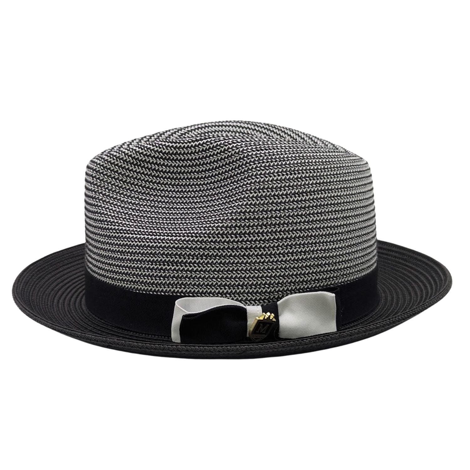 Montique black straw fedora hat side view with black brim, black ribbon band, white bow accent, and logo pin