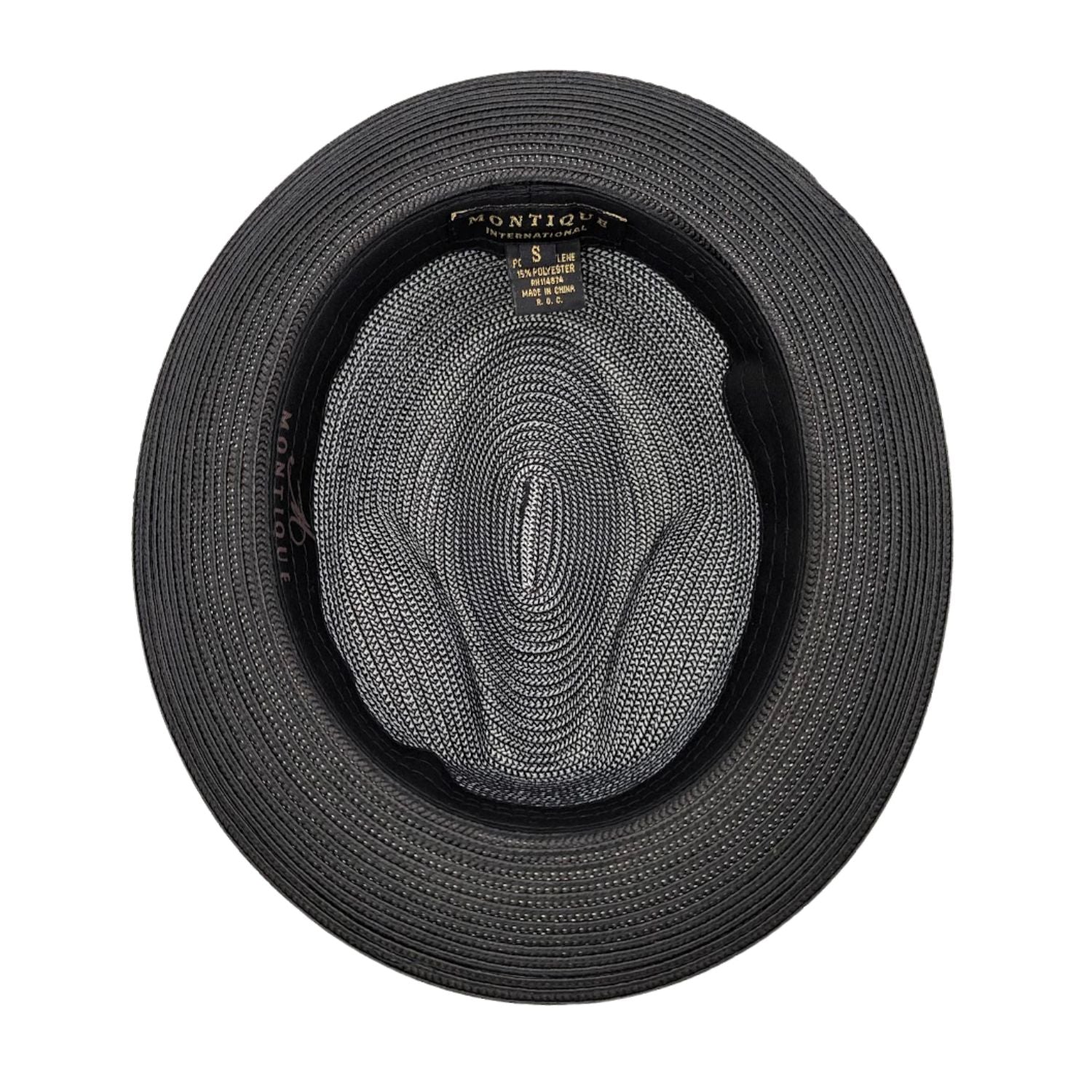 Montique black straw fedora hat inside view showing black brim, black and white woven crown lining, sweatband, and brand label