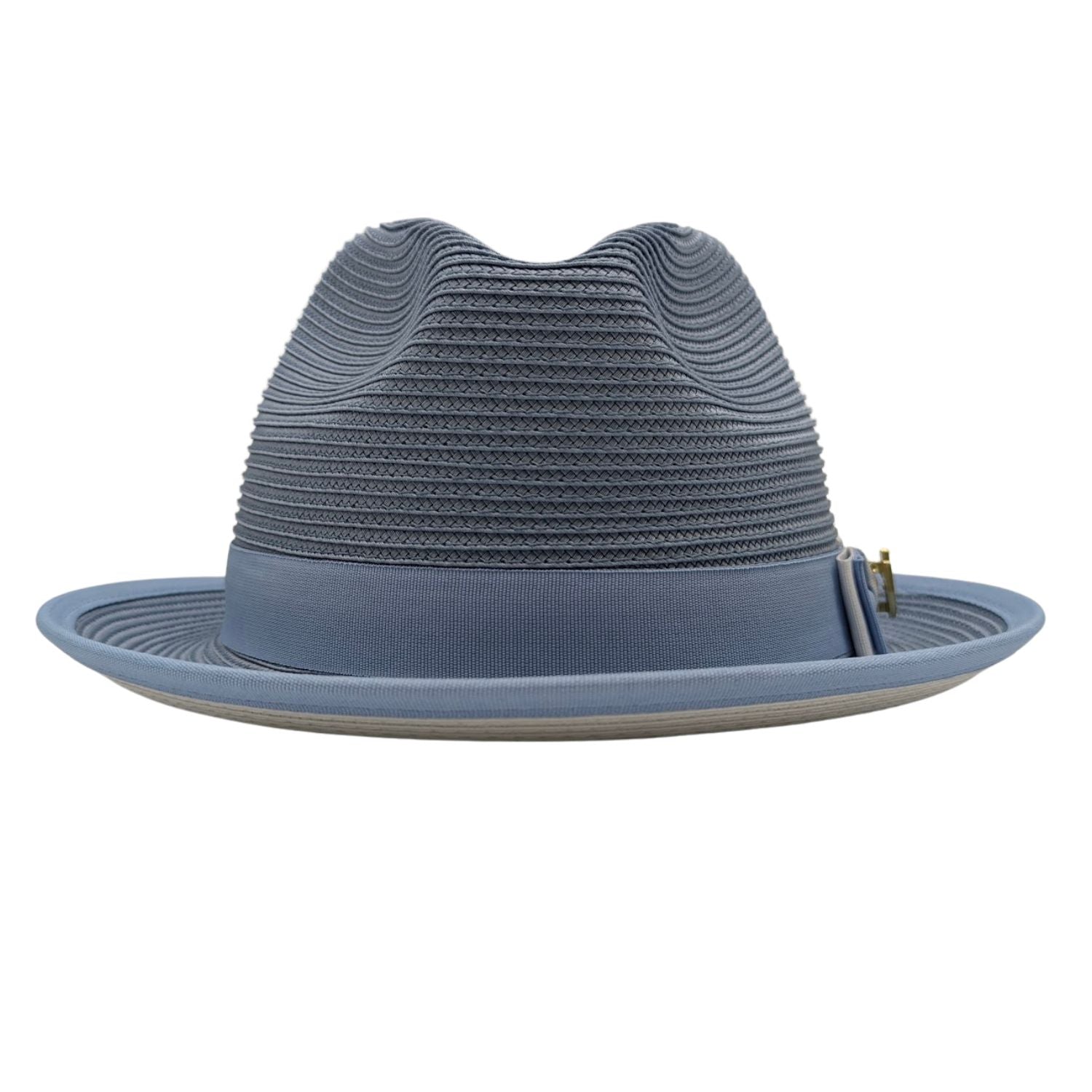 Montique Carolina straw fedora hat front view with bow detail and logo pin