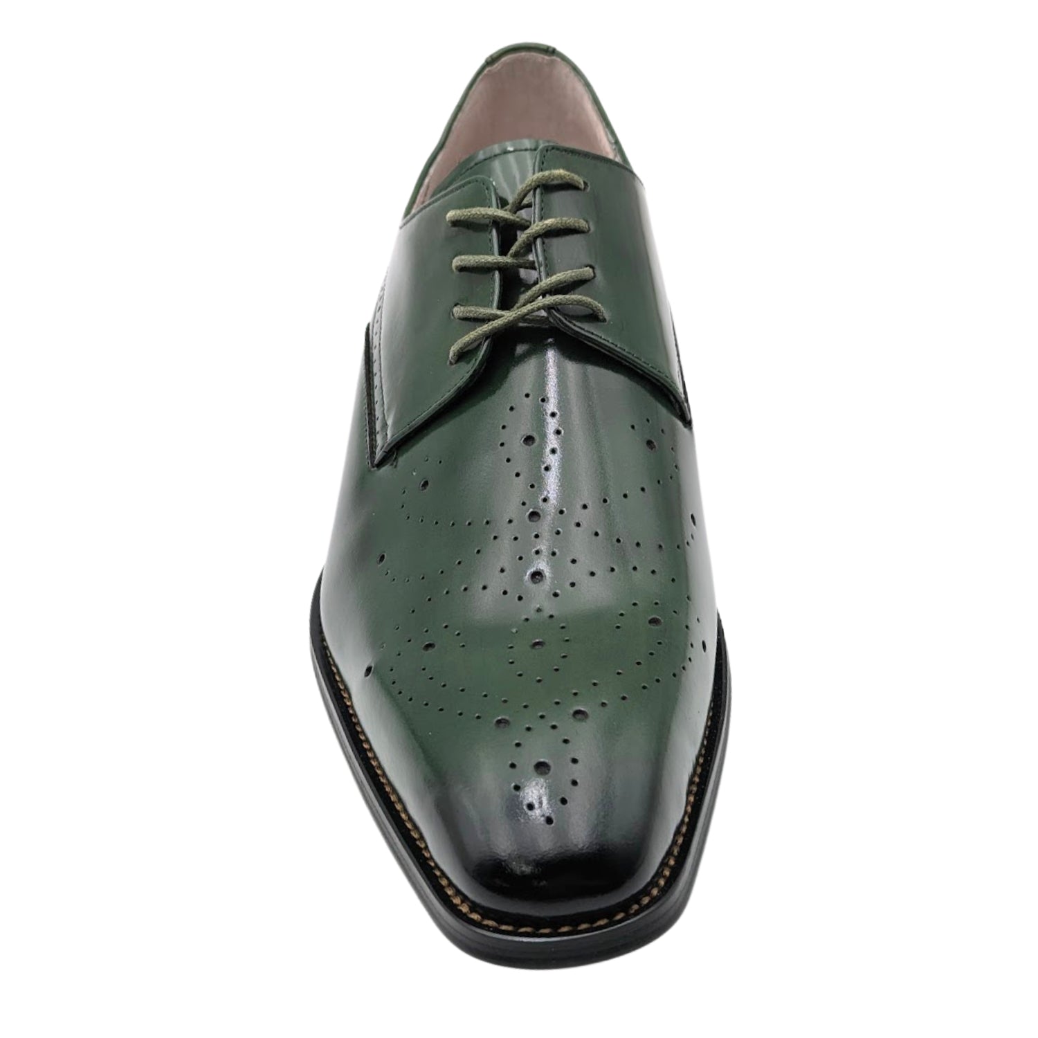 green genuine leather lace-up dress shoe with perforated medallion toe front view