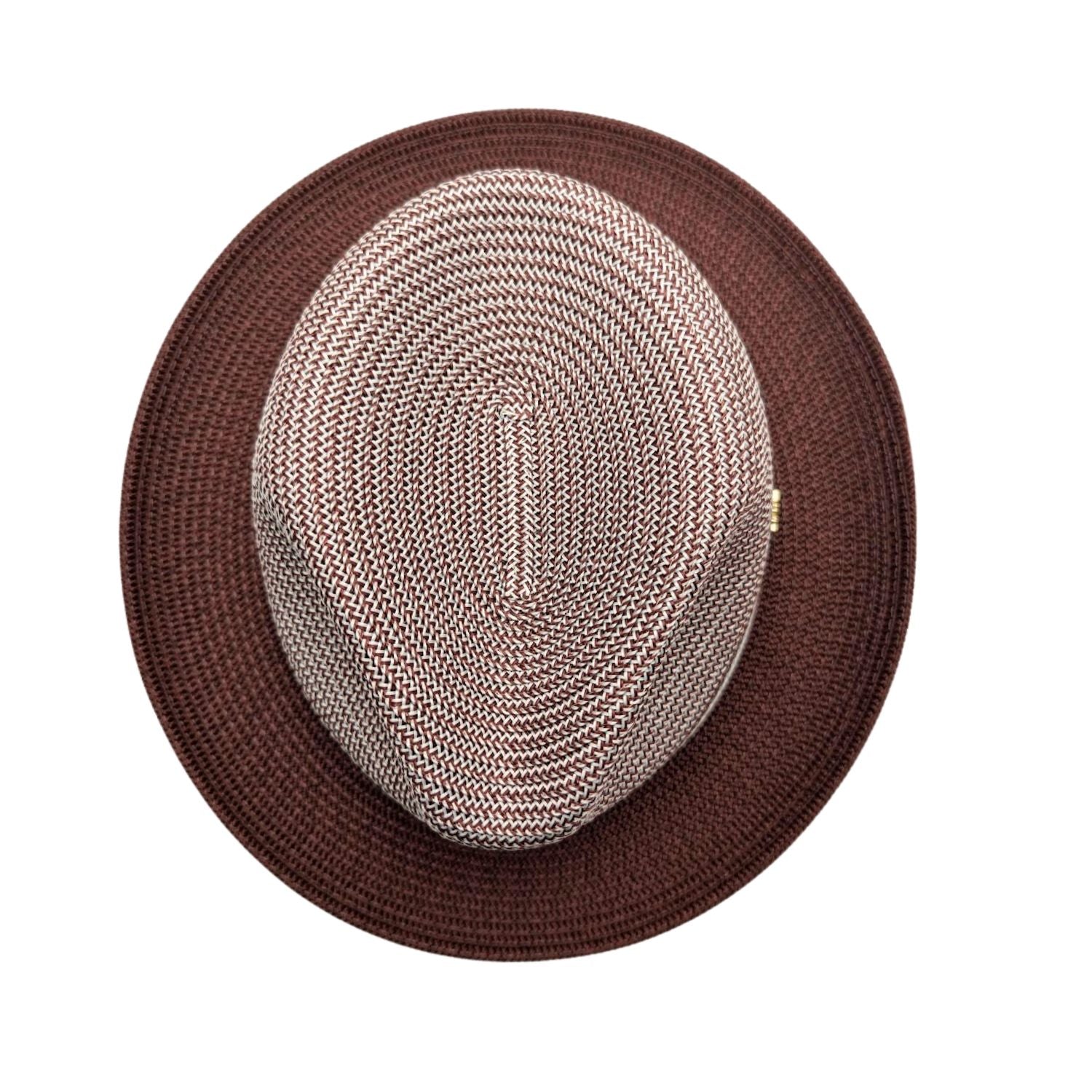 Burgundy and white Montique fedora hat top view with woven crown, burgundy brim, and side logo pin