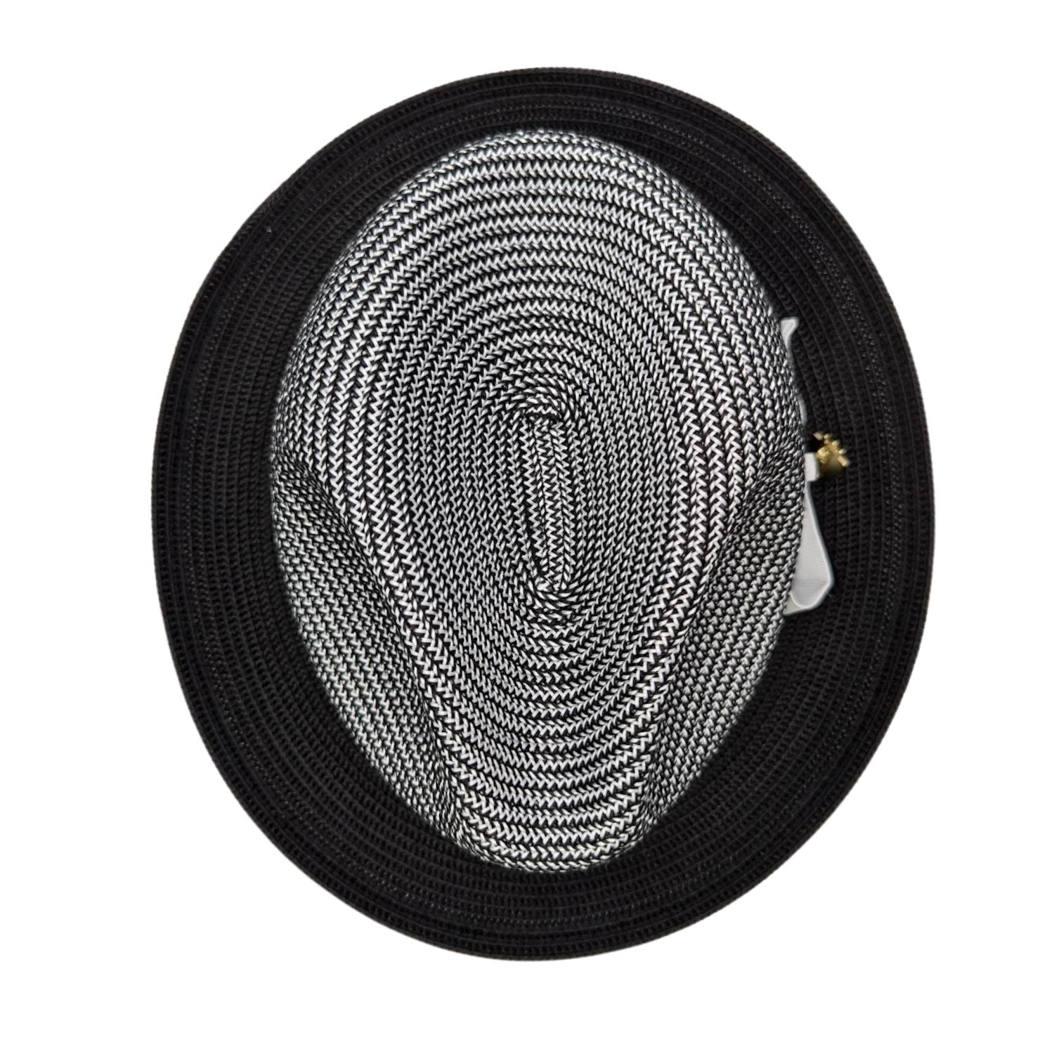 Montique black straw fedora hat top view with black brim, black and white woven crown, and side bow detail