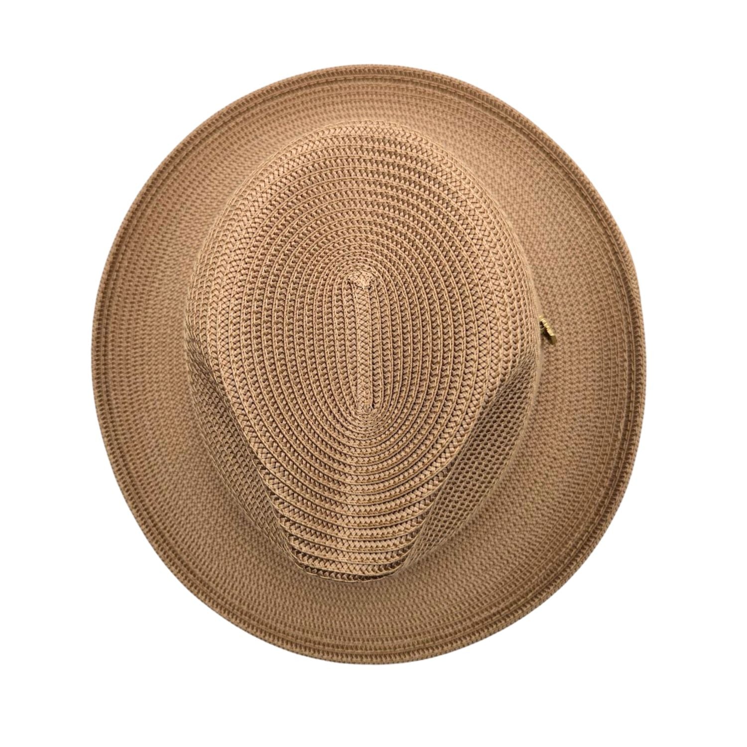 Camel Montique fedora hat top view with braided straw-style texture, pinch crown, and matching brim