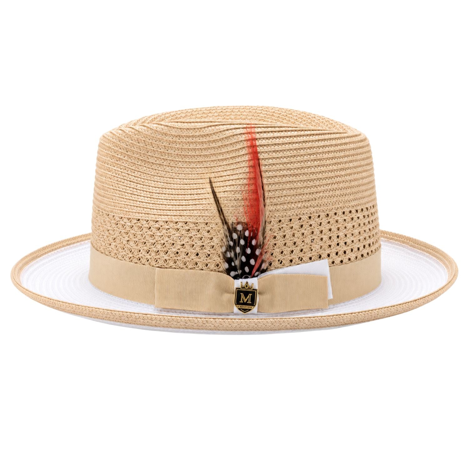 Beige and white fedora hat side view with woven crown, white brim, beige bow, red and black feather accent, and Montique pin
