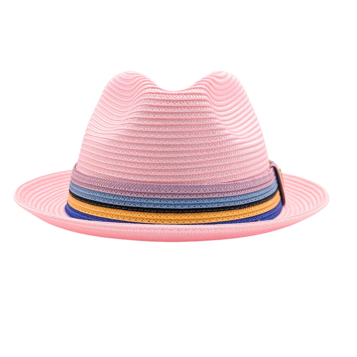 Montique pink straw fedora hat front view with multicolor striped band in mauve, blue, black, yellow, and royal