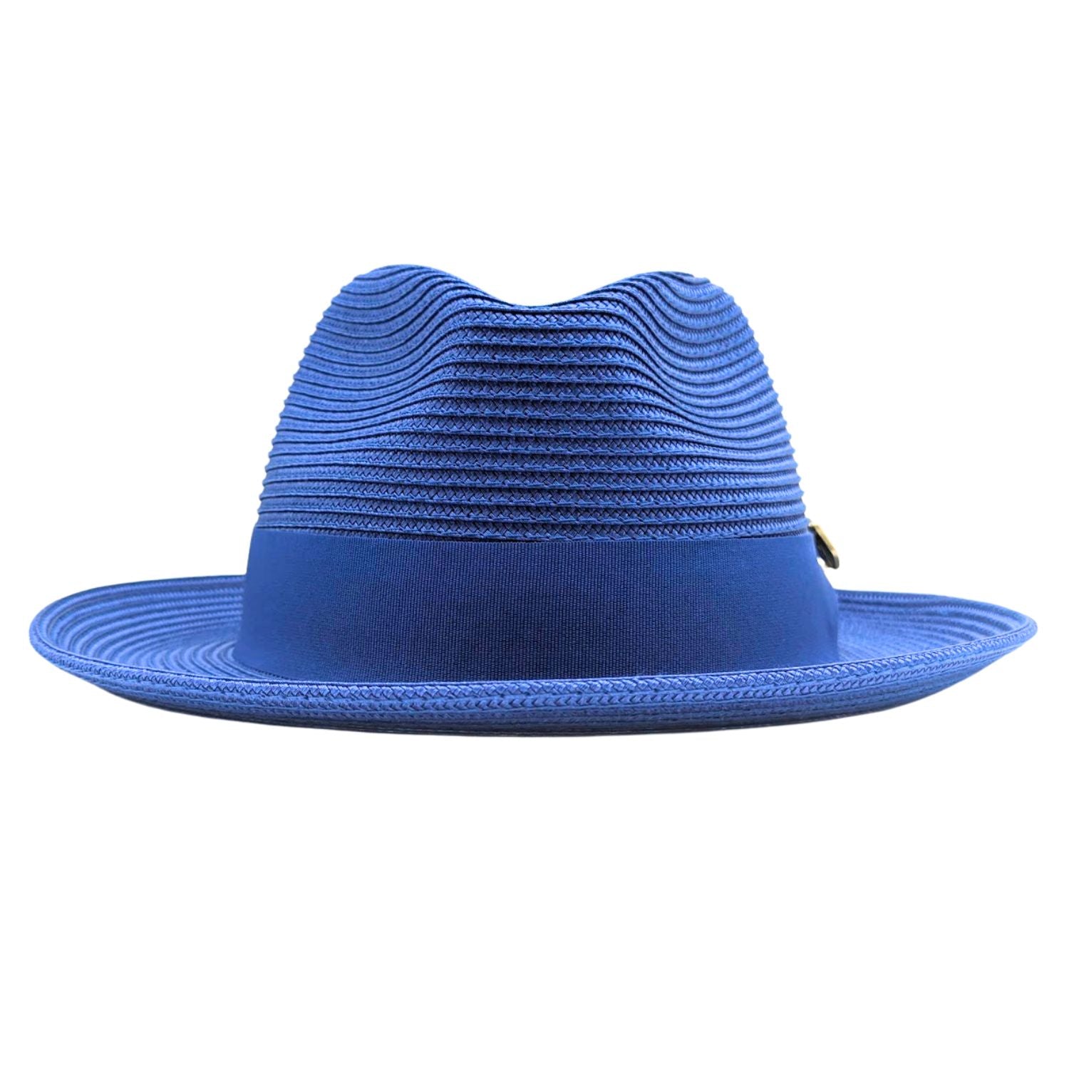 Royal blue Montique fedora hat front view with pinch crown, matching blue ribbon band, and wide brim