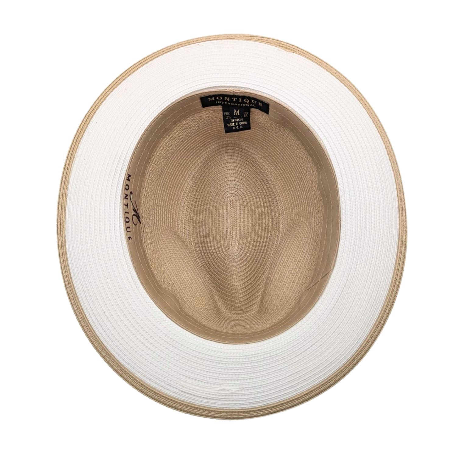 Beige and white fedora hat interior view with beige crown, white brim underside, tan edge trim, and branded sweatband
