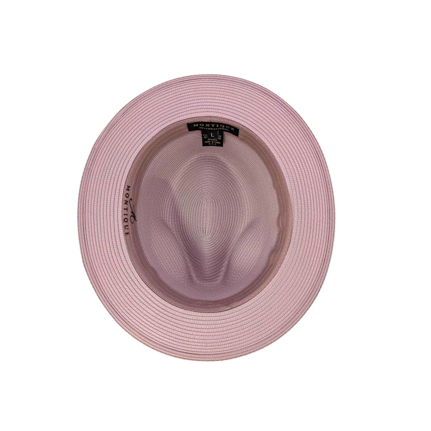 Montique mauve straw fedora hat inside view with branded sweatband