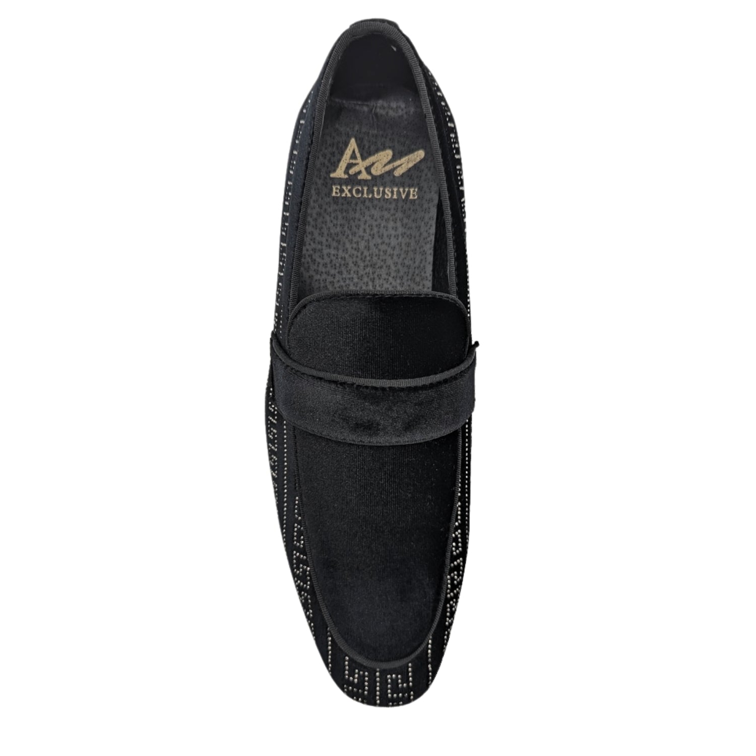 black and silver crystal studded velour moc toe smoking shoe top view