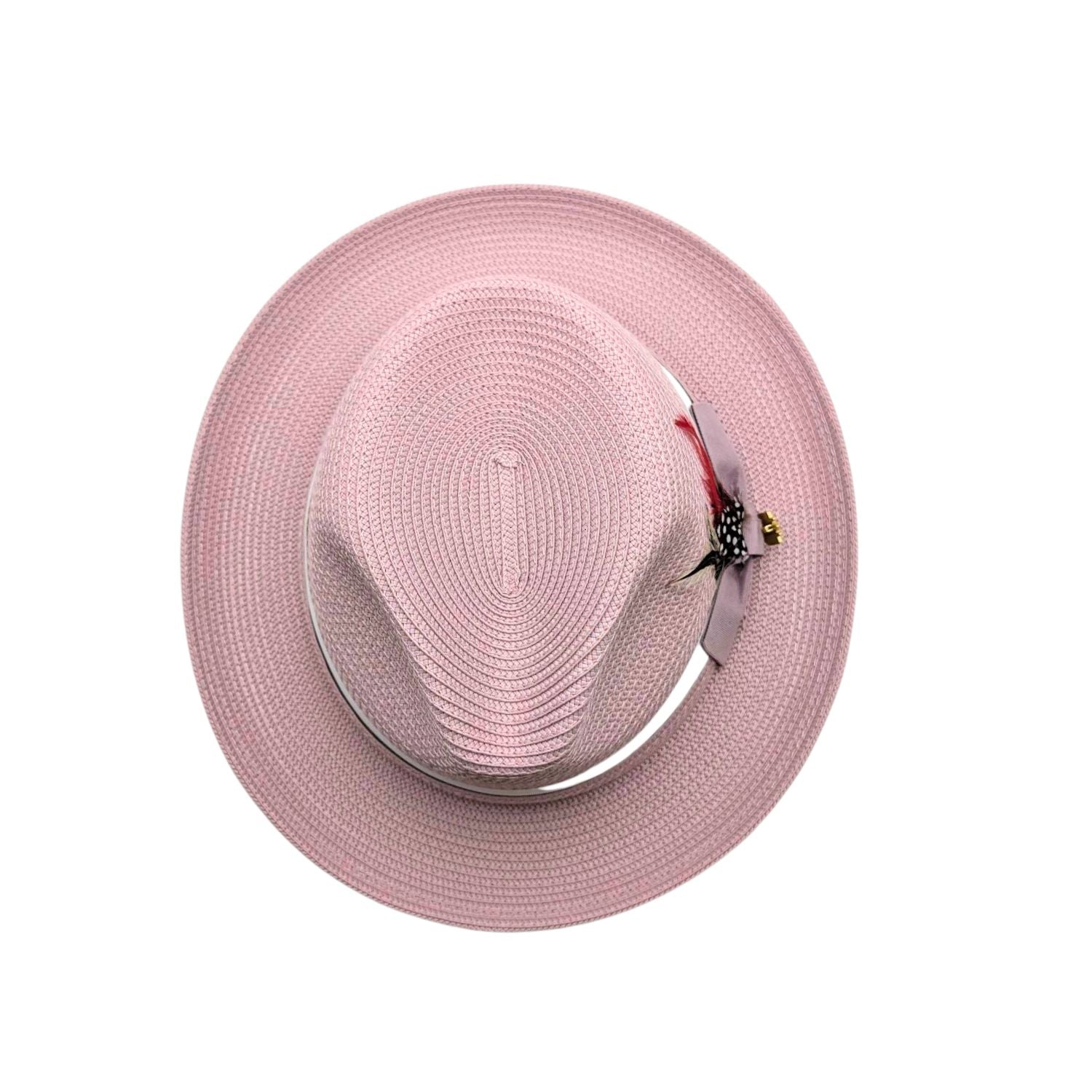 Montique mauve straw fedora hat top view with feather and matching brim