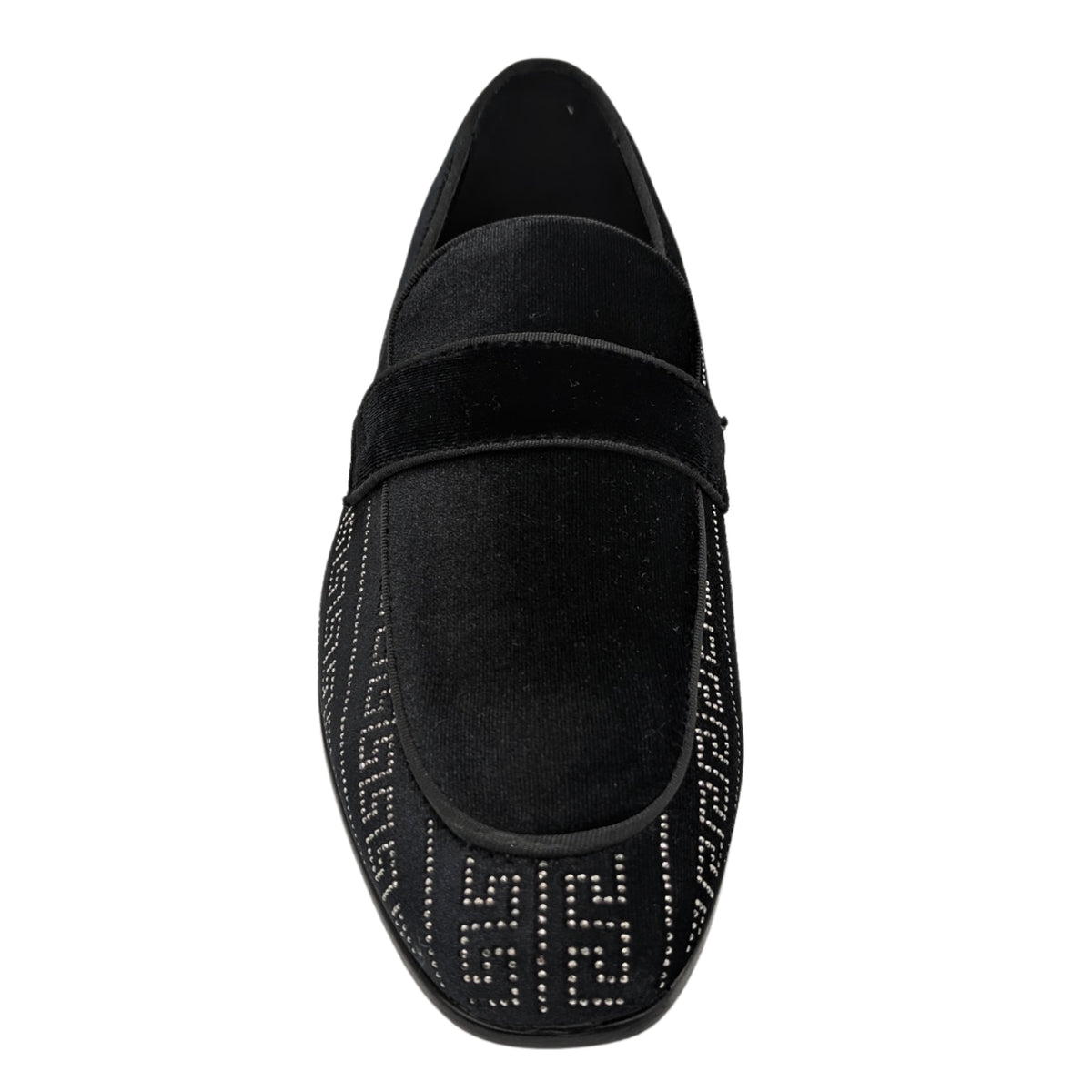 black and silver crystal studded velour moc toe smoking shoe front view