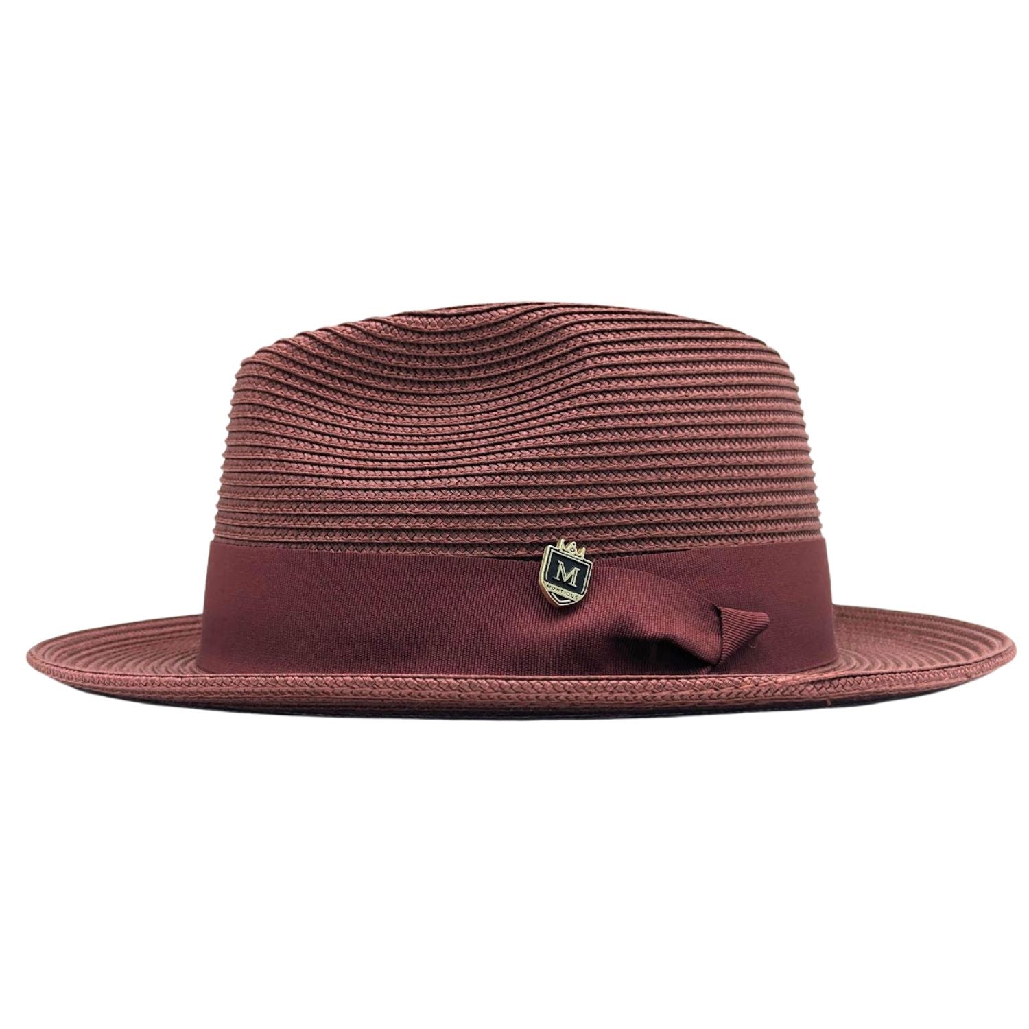 Burgundy Montique fedora hat side view with matching ribbon band, side bow, logo pin, and structured brim