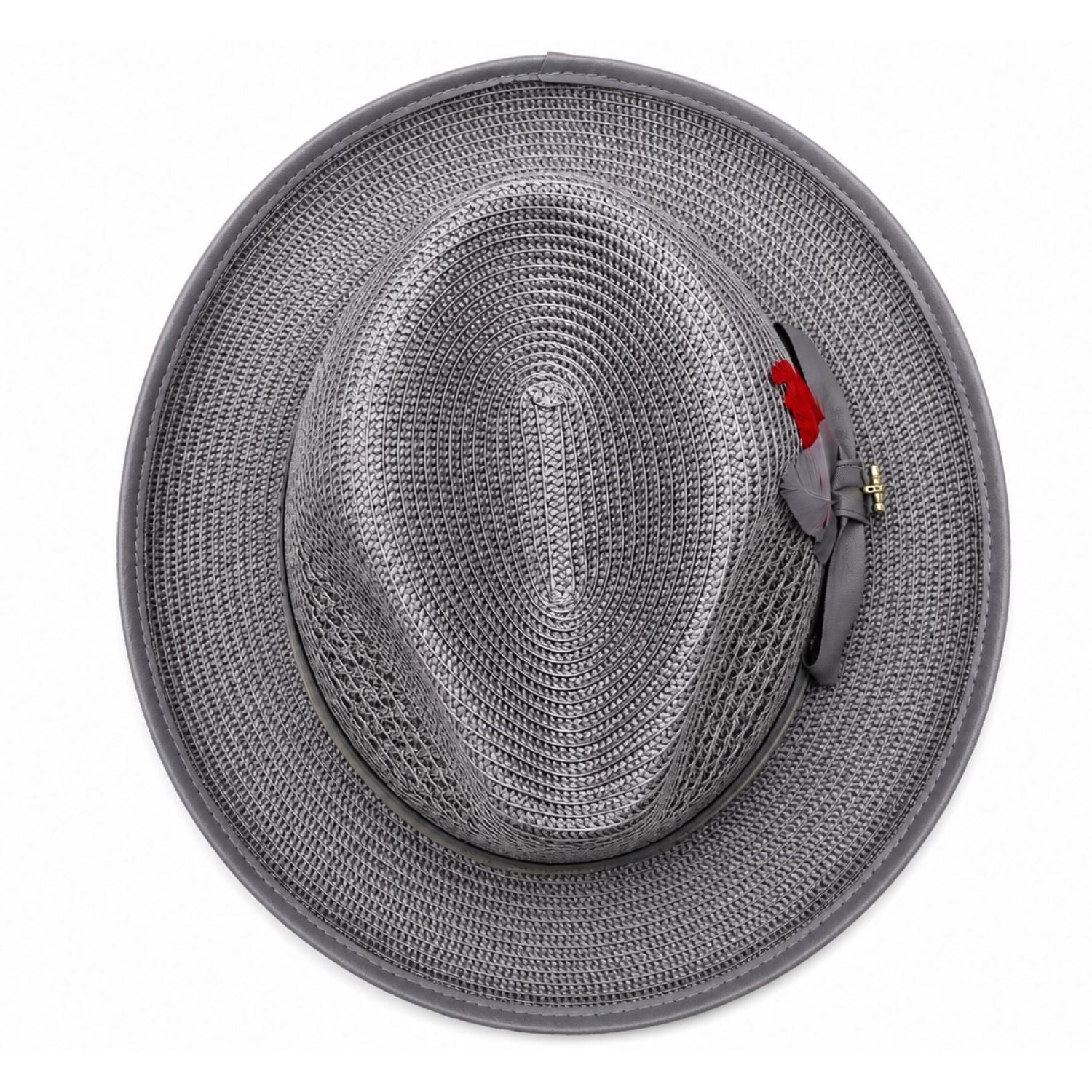 Montique gray straw fedora hat top view with feather accent
