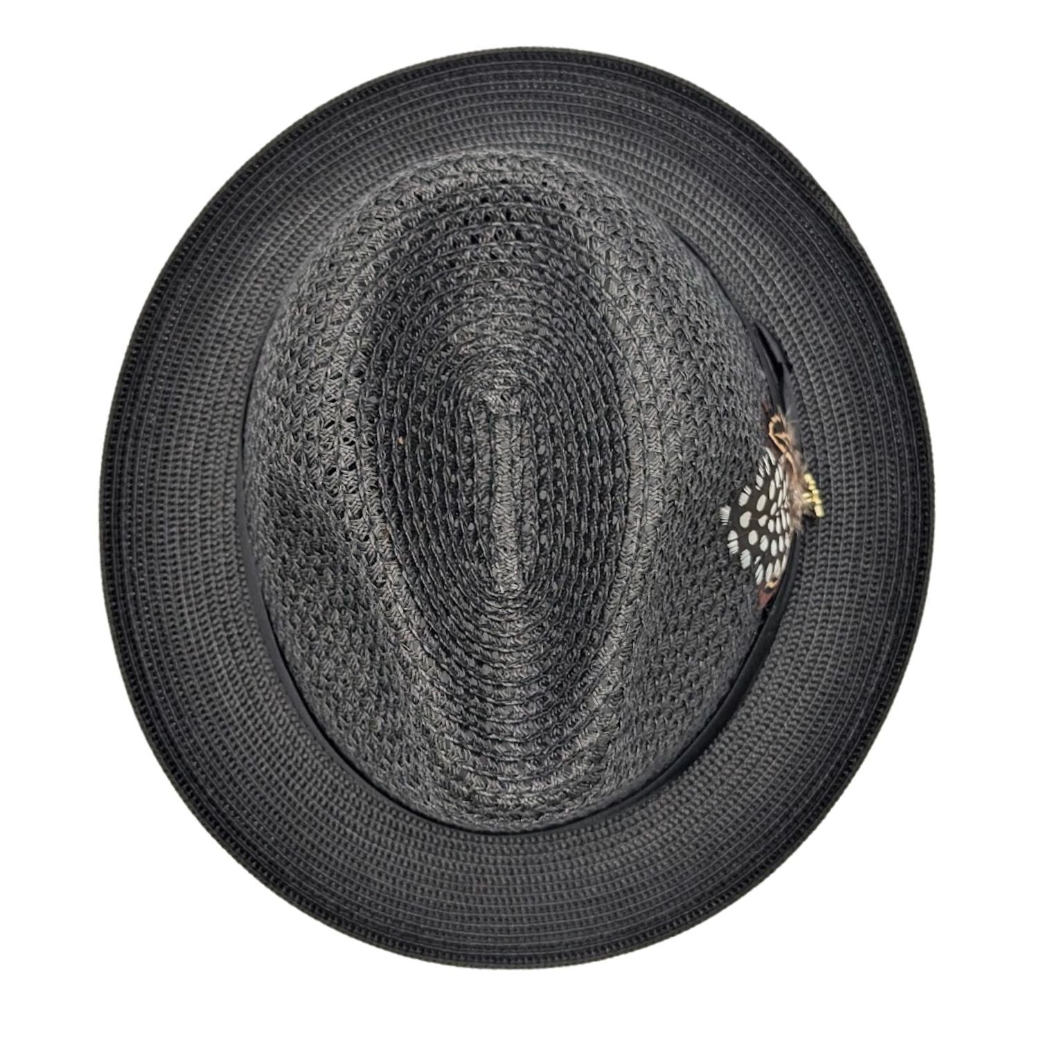 Montique black vented straw fedora hat top view with feather detail