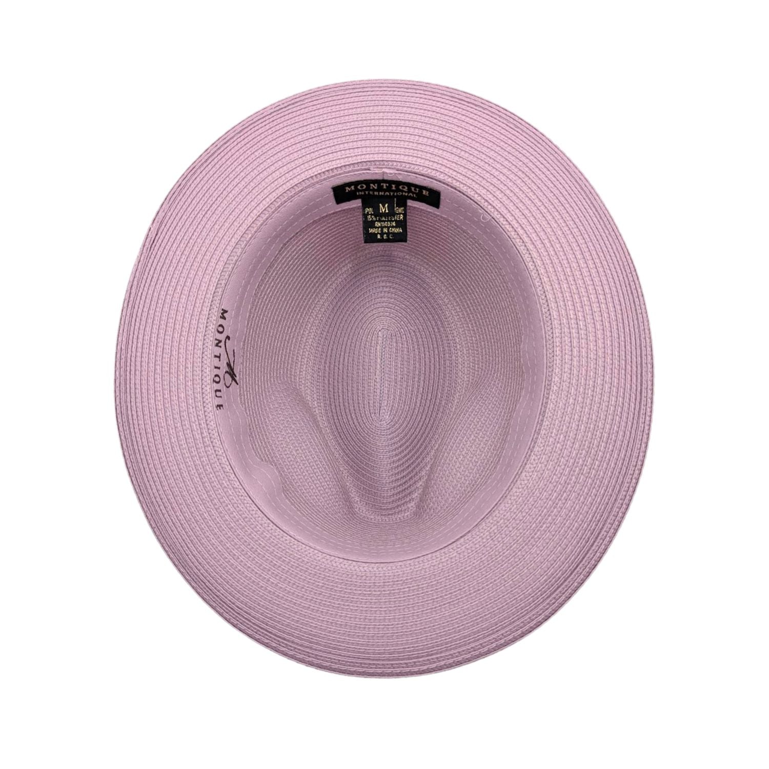 Mauve Montique fedora hat interior view with matching brim, inner sweatband, and branded label