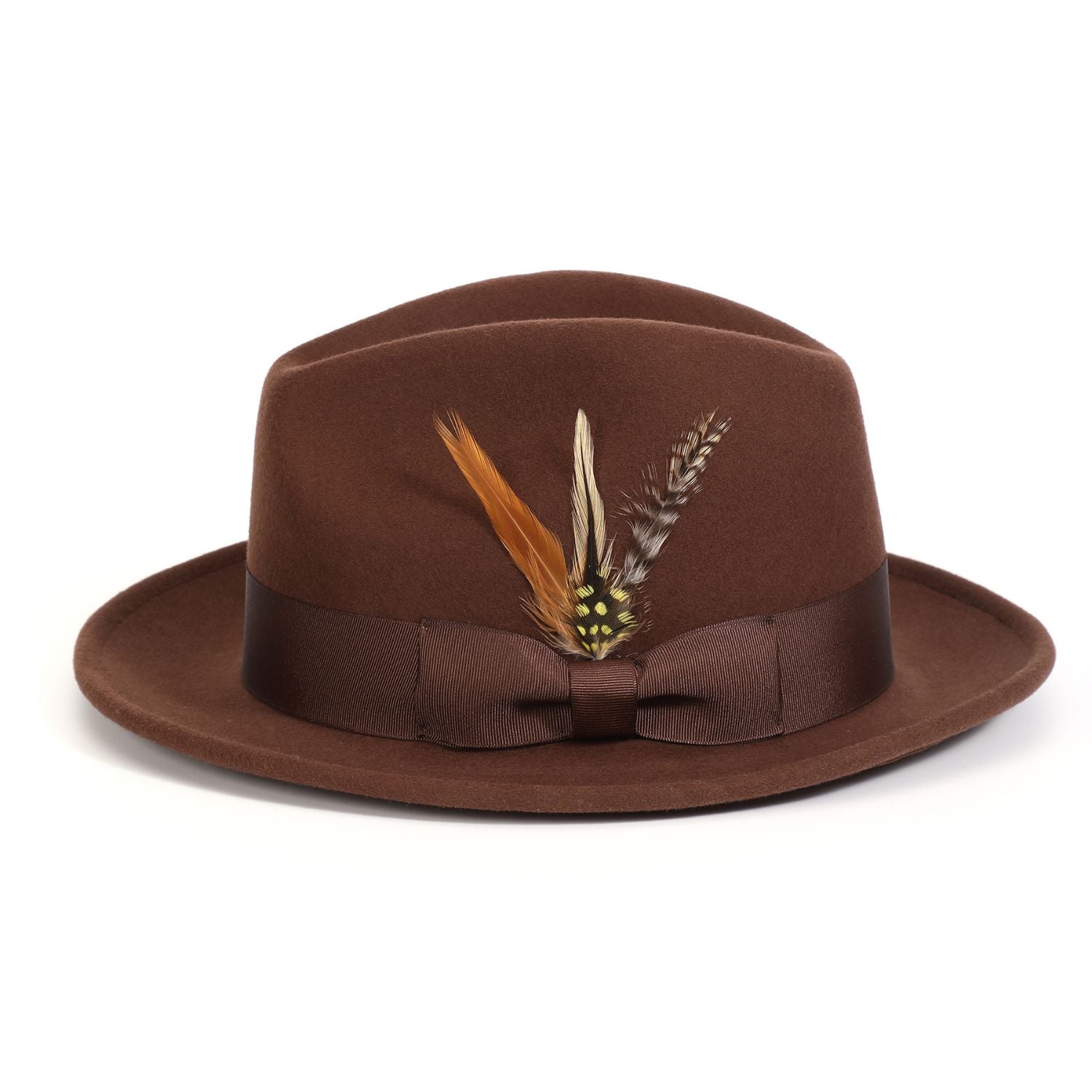 brown felt fedora pinch crown hat with feather detail