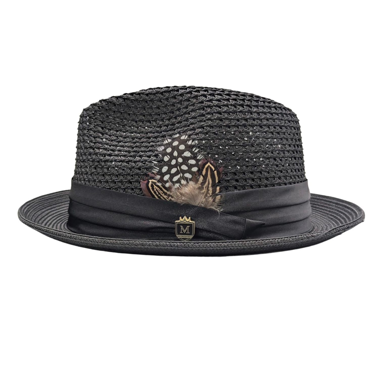 Montique black vented straw fedora hat side view with feather and ribbon band