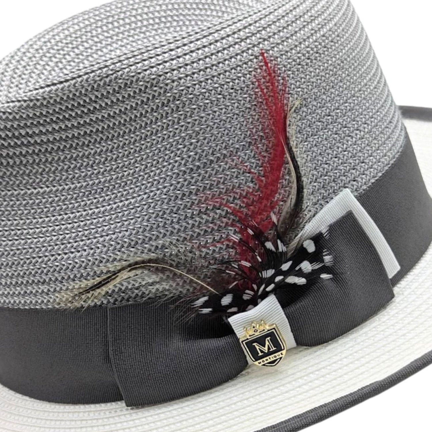 Montique grey and white straw fedora hat close up of feather bow and woven crown