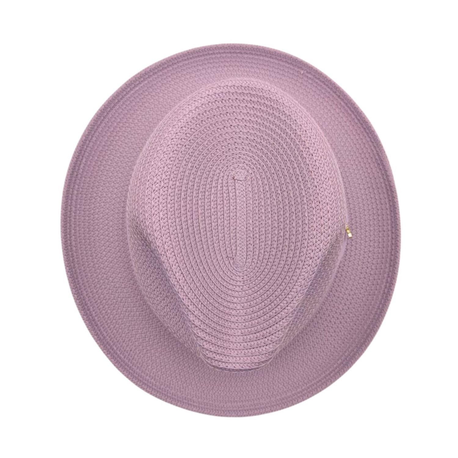 Mauve Montique fedora hat top view with wide brim, pinch crown, woven texture, and side logo pin