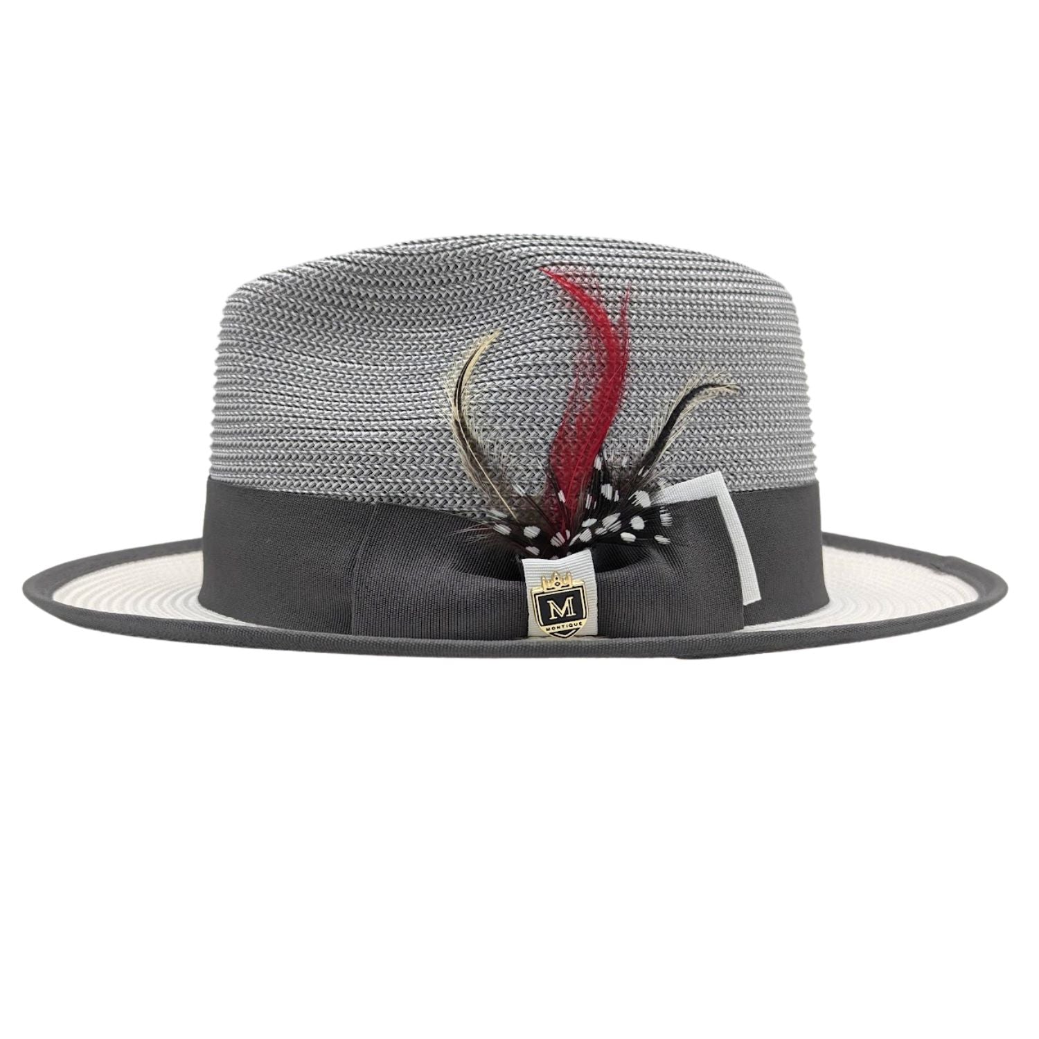 Montique grey and white straw fedora hat side view with feather and bow band
