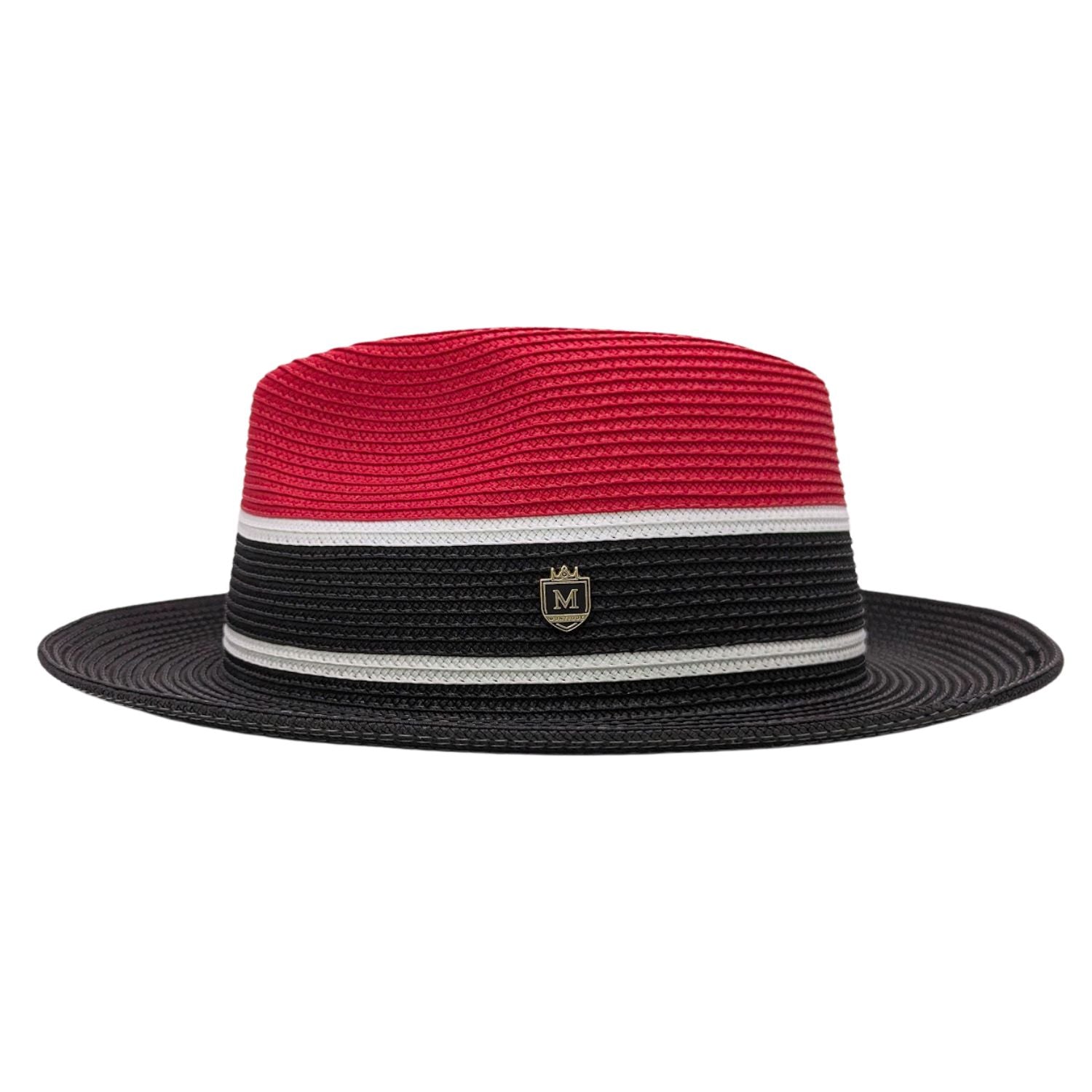 Montique red black and white straw fedora hat side view with striped crown and logo pin
