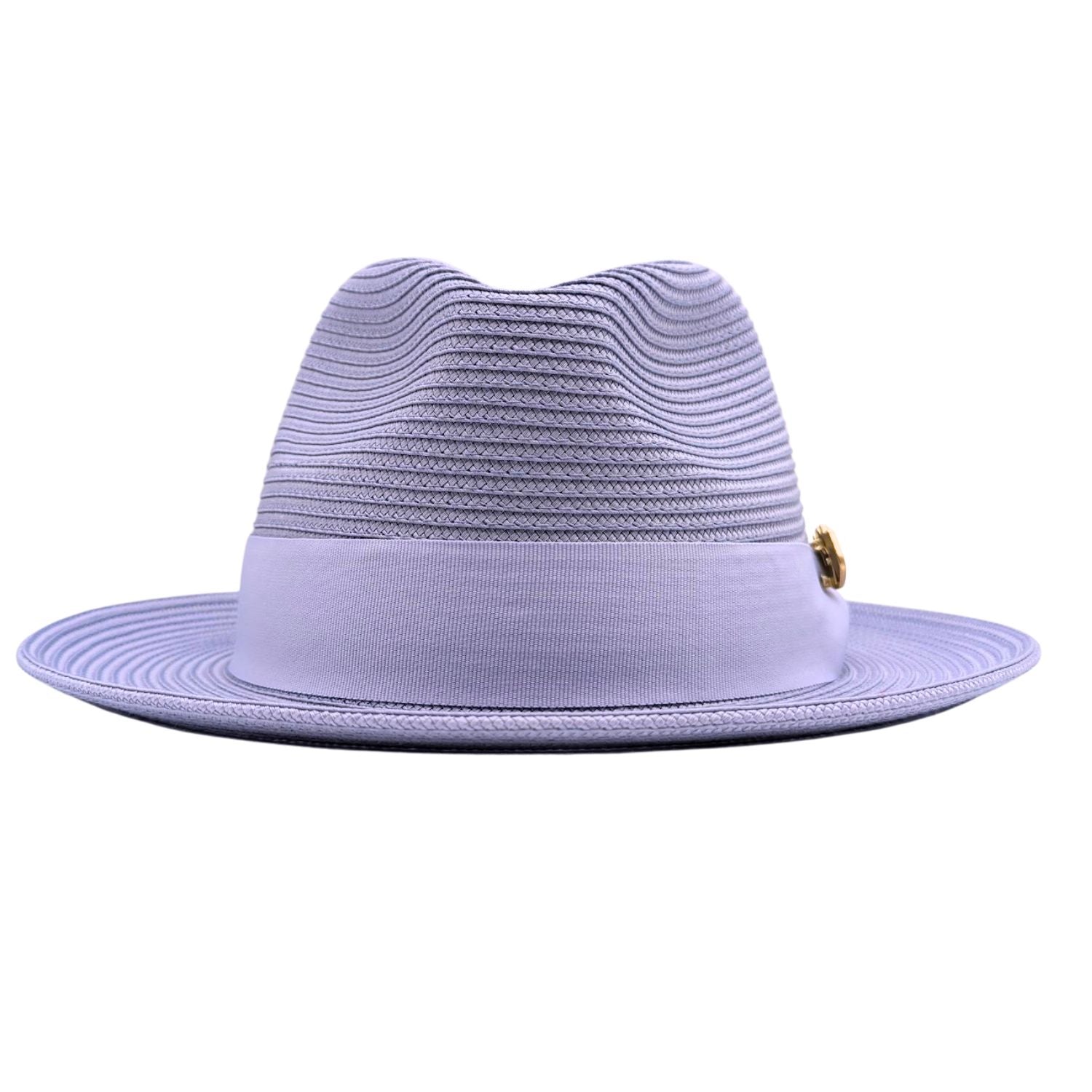 Lilac Montique fedora hat back view with matching ribbon band, wide brim, and gold side pin