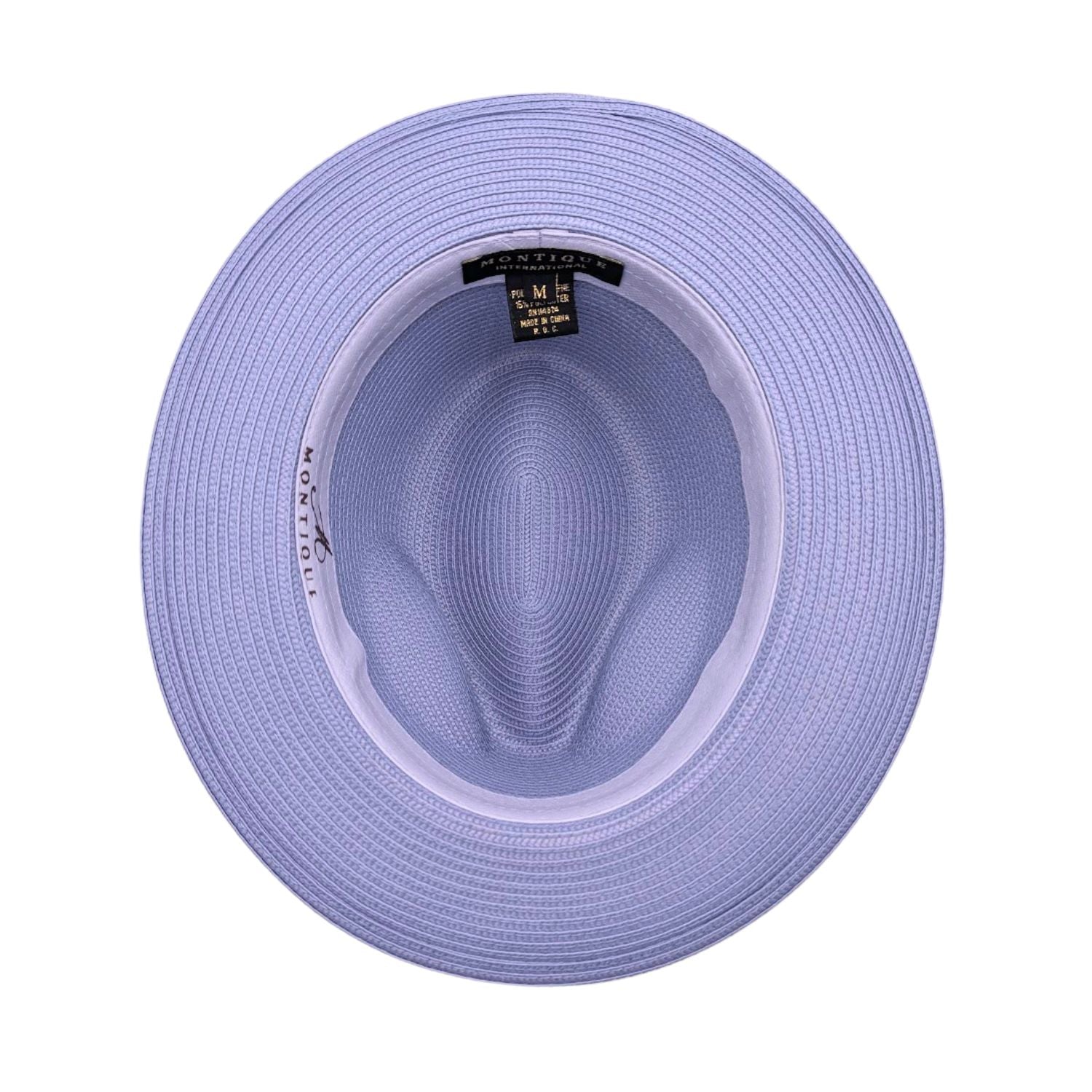Lilac Montique fedora hat interior view with matching brim, inner sweatband, and branded label