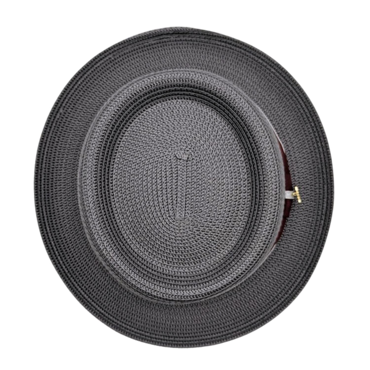 Grey pork pie hat top view showing woven crown pattern, brim shape, and burgundy side band detail