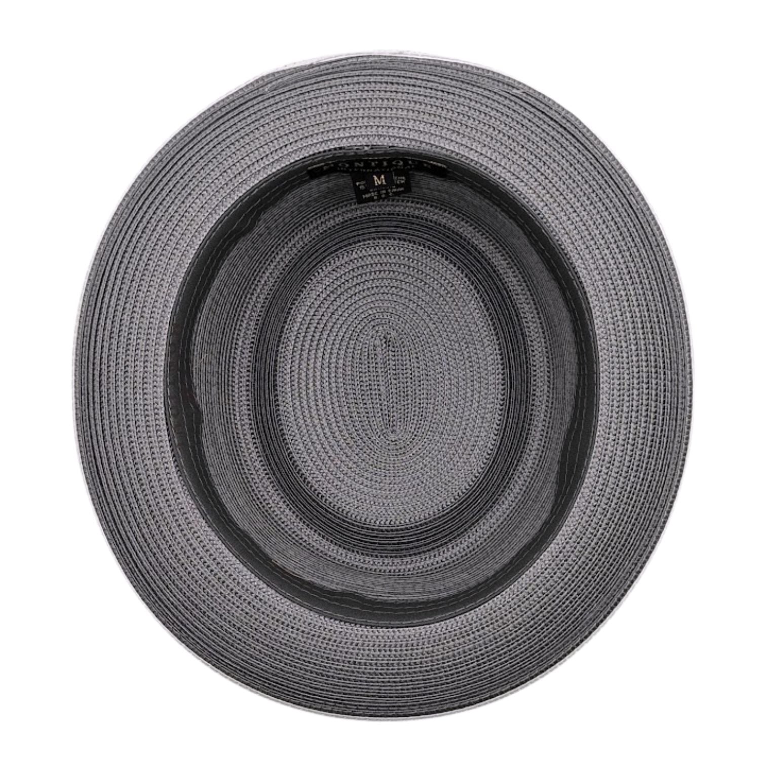 Grey pork pie hat interior view with woven crown, inner sweatband, and structured brim