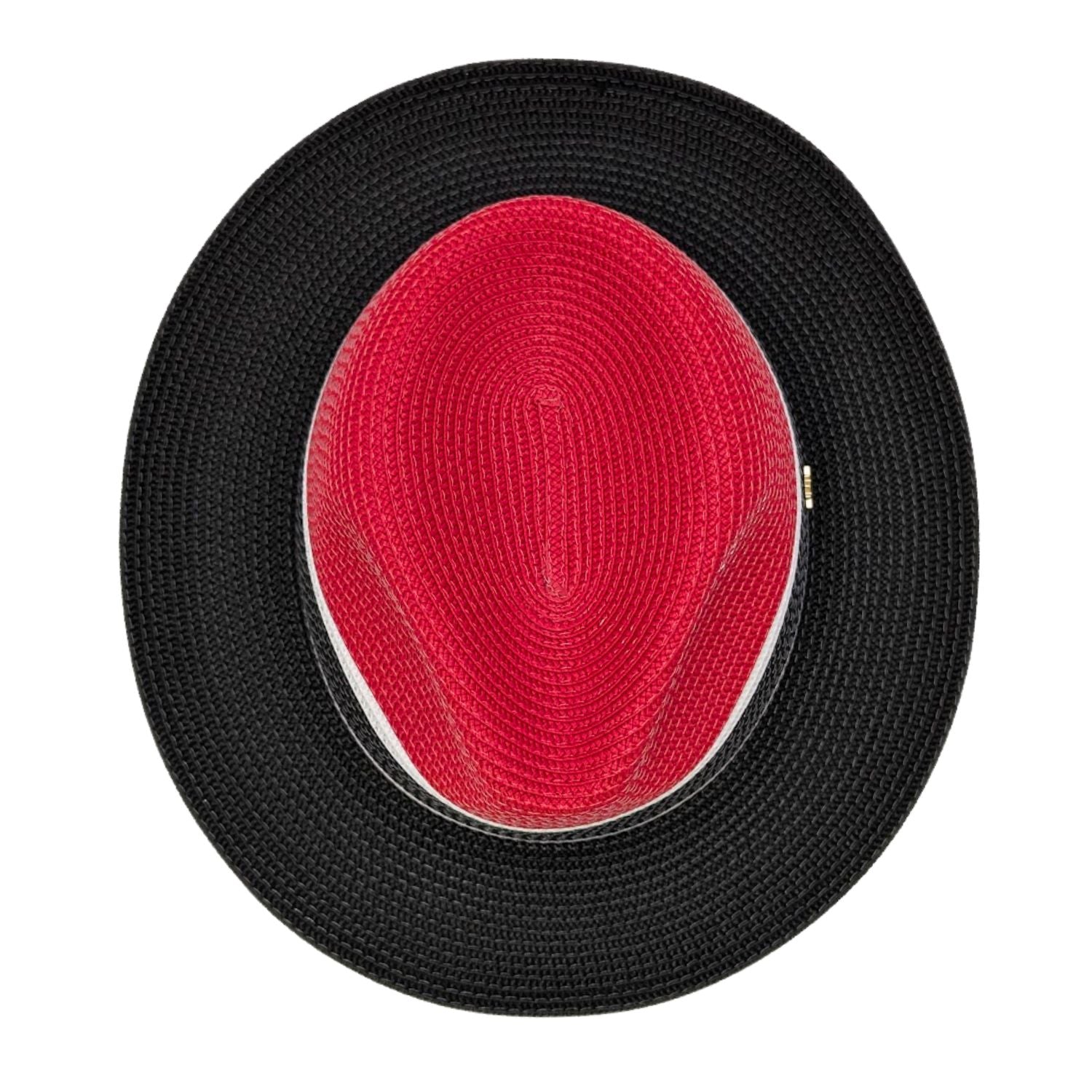Montique red black and white straw fedora hat top view with red crown and black brim