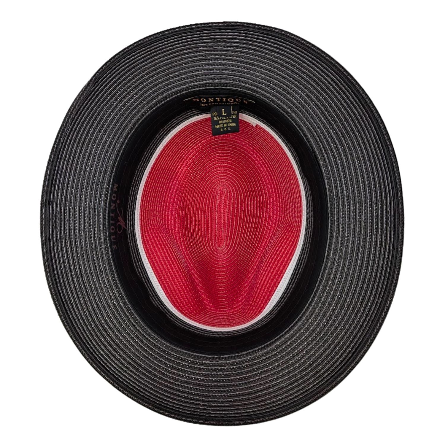 Montique red black and white straw fedora hat inside view with branded sweatband
